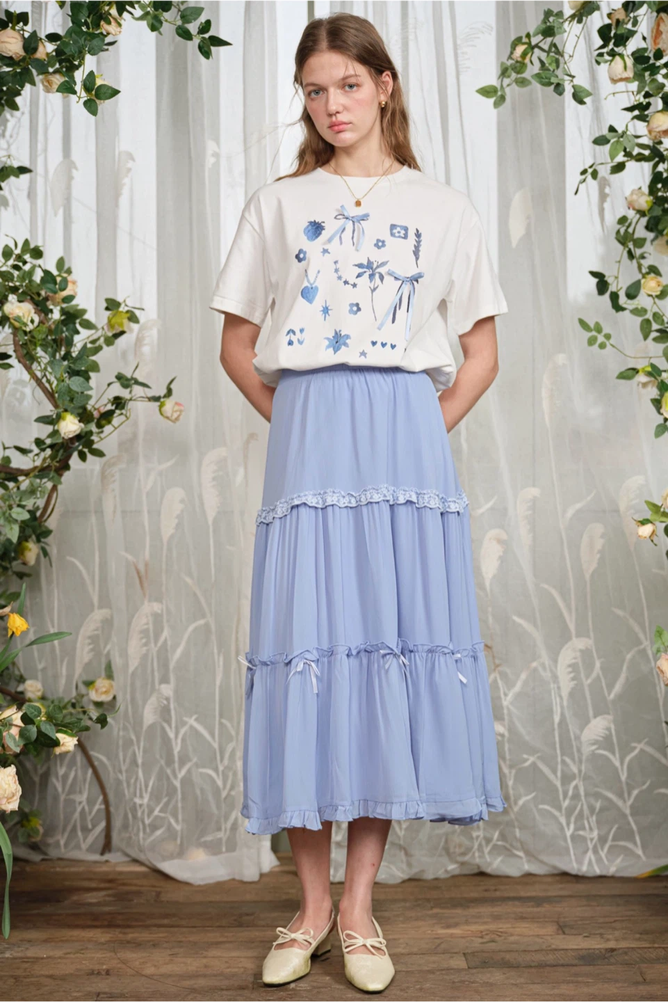 Light Blue Tiered Maxi Skirt with Bows - photo 4