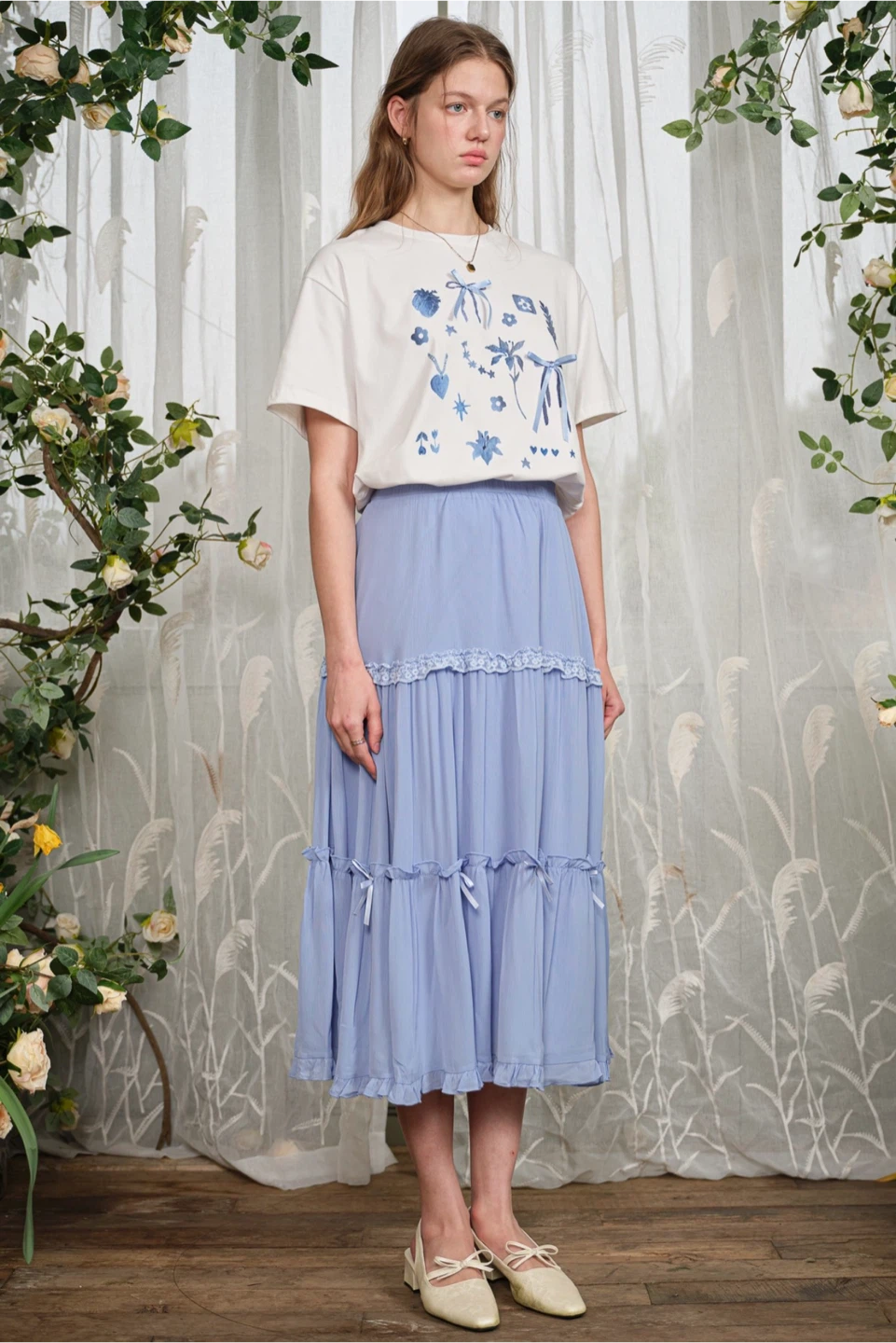 Light Blue Tiered Maxi Skirt with Bows - photo 5