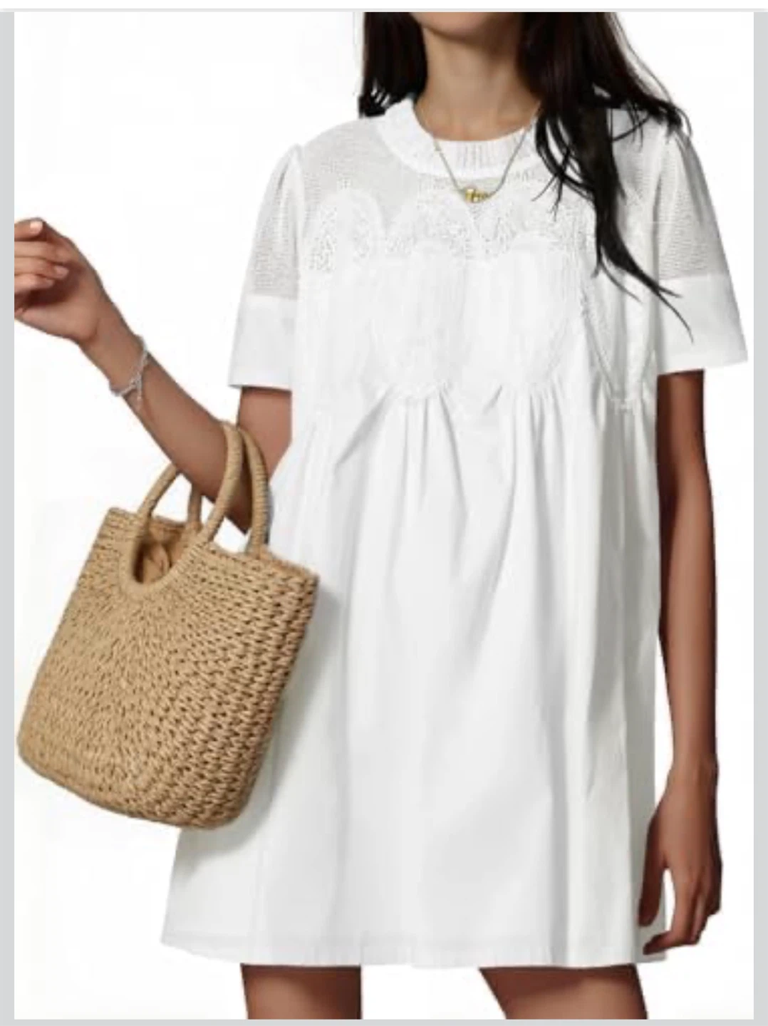 White Short Sleeve A-Line Dress with Lace Detail