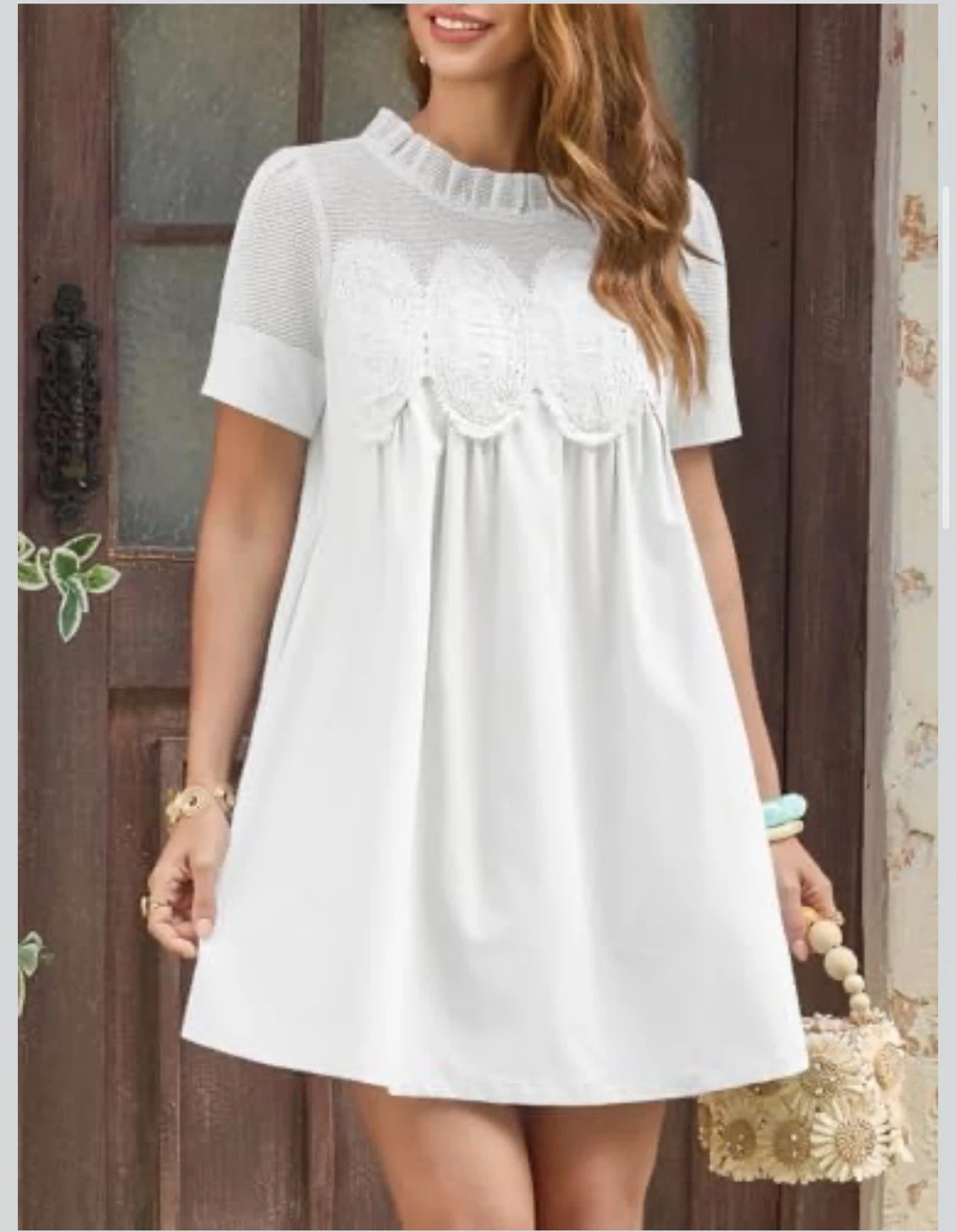 White Short Sleeve A-Line Dress with Lace Detail - photo 2