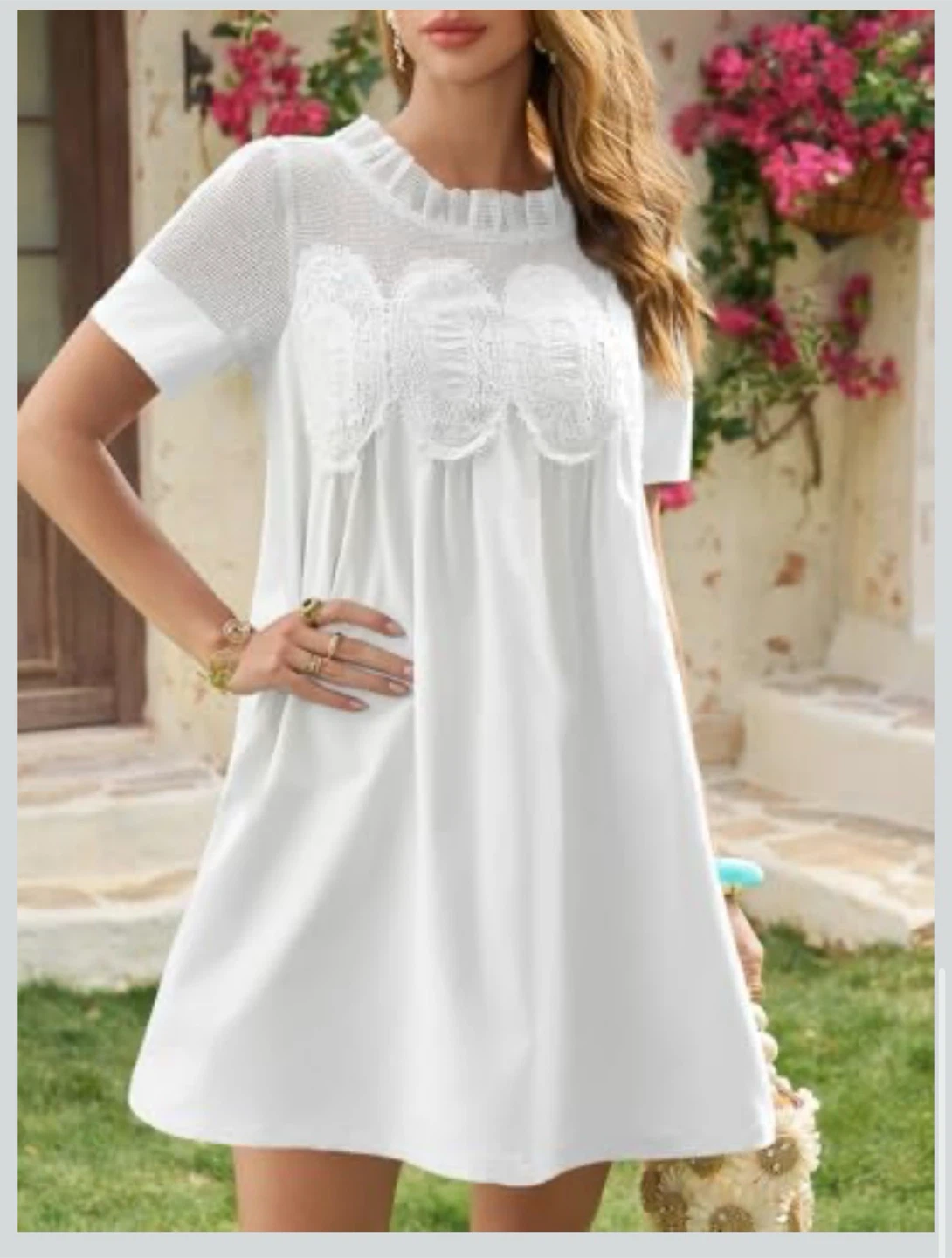White Short Sleeve A-Line Dress with Lace Detail - photo 3