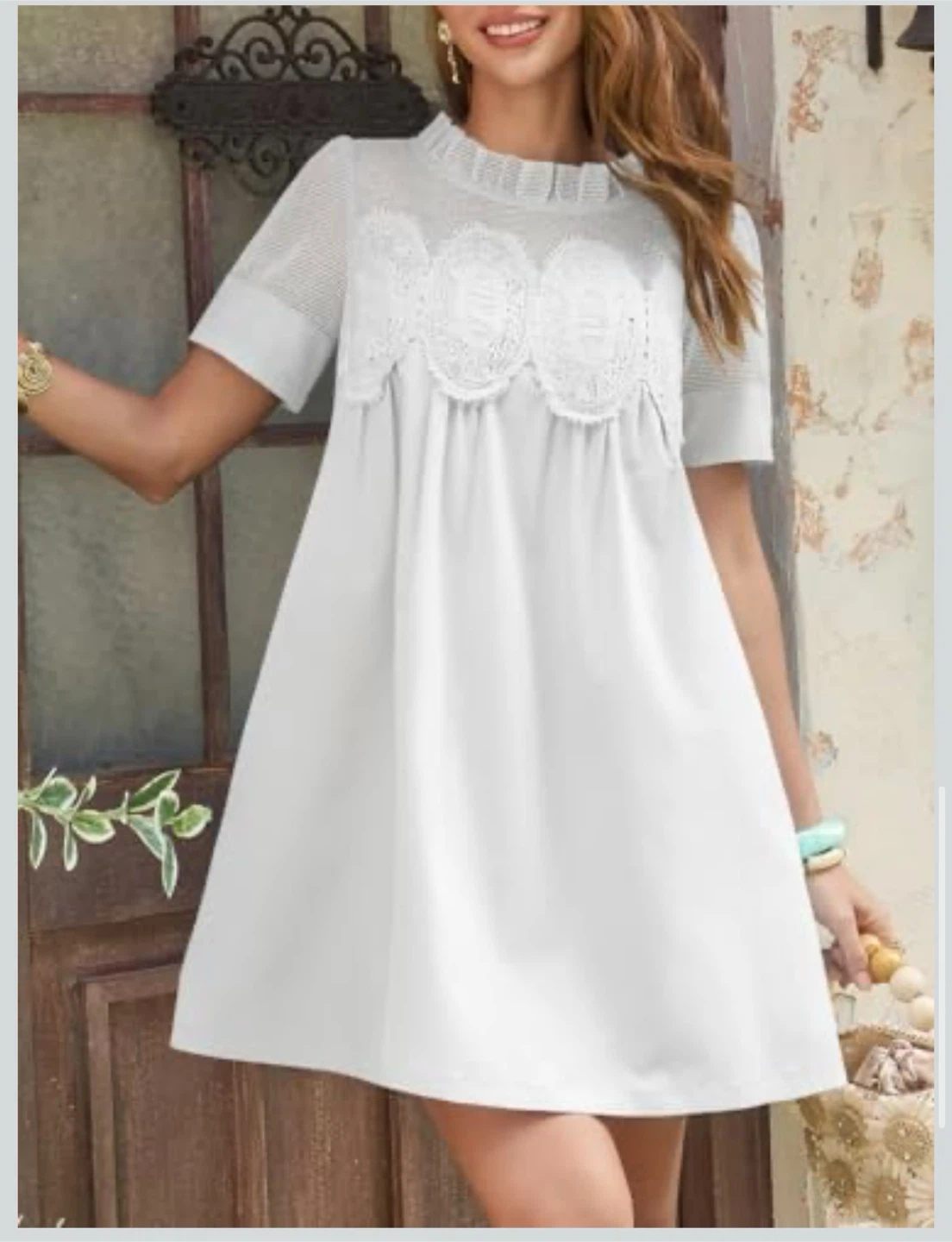 White Short Sleeve A-Line Dress with Lace Detail - photo 4