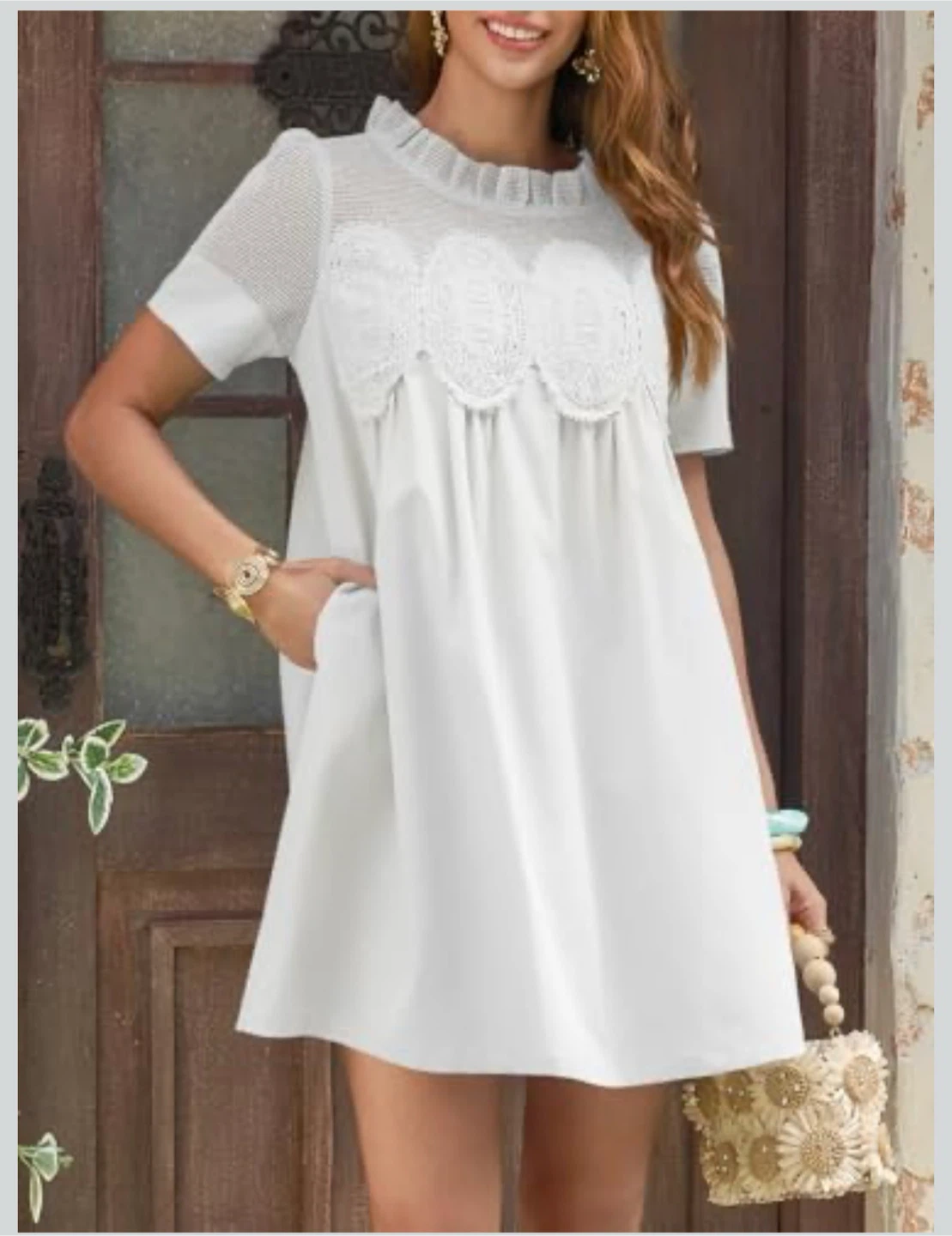 White Short Sleeve A-Line Dress with Lace Detail - photo 5