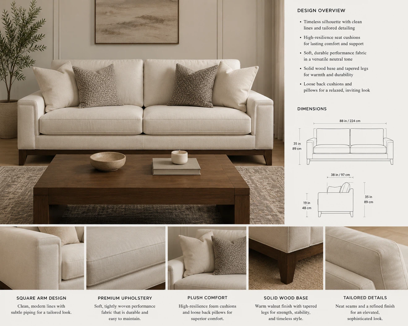 Sofa with Plush Comfort and Solid Wood Base