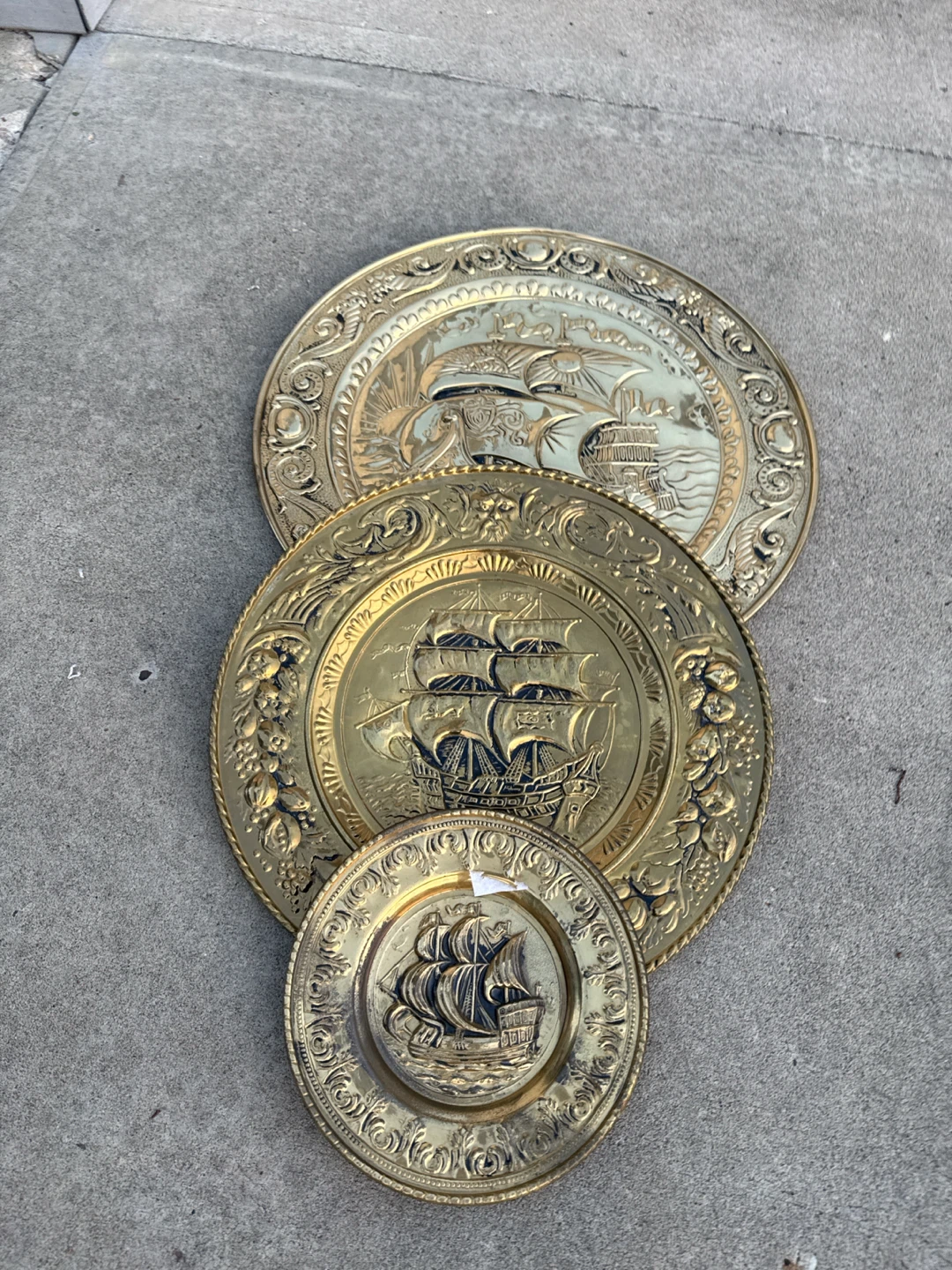 Vintage Brass Ship Embossed Decorative Plate