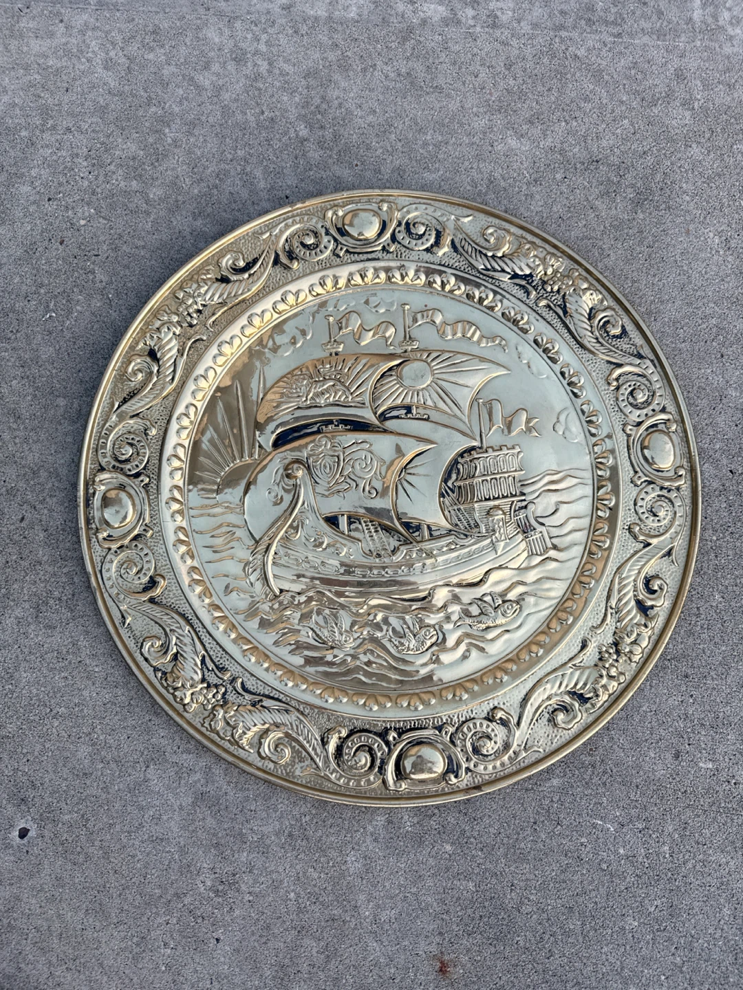 Vintage Brass Ship Embossed Decorative Plate - photo 2