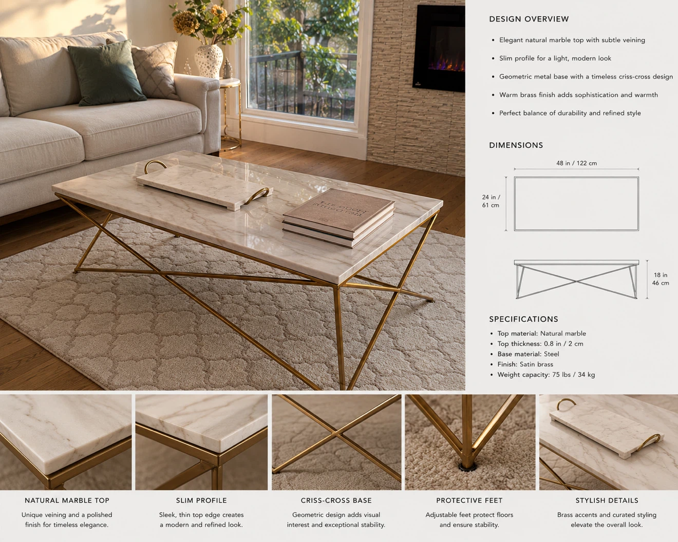 Marble Top Coffee Table with Gold Frame