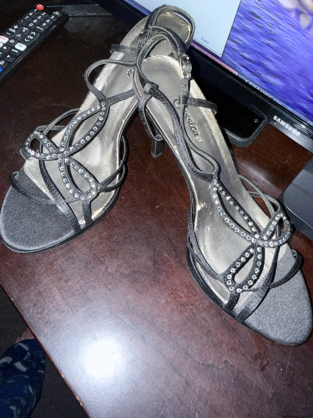Black Heeled Sandals with Rhinestones