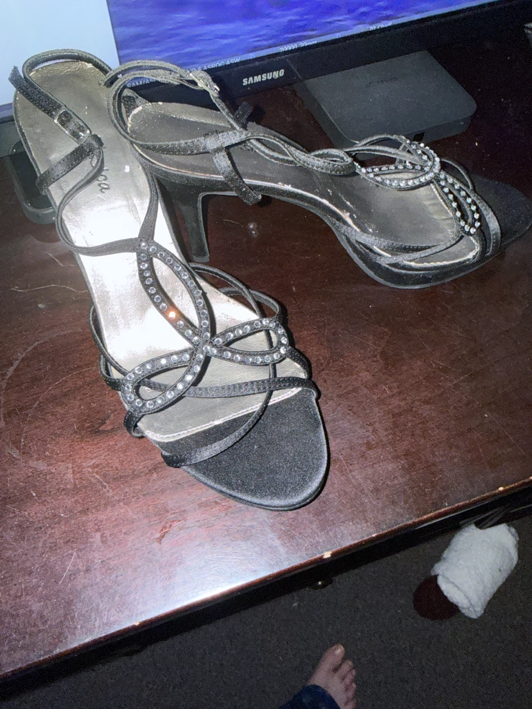 Black Heeled Sandals with Rhinestones - photo 2