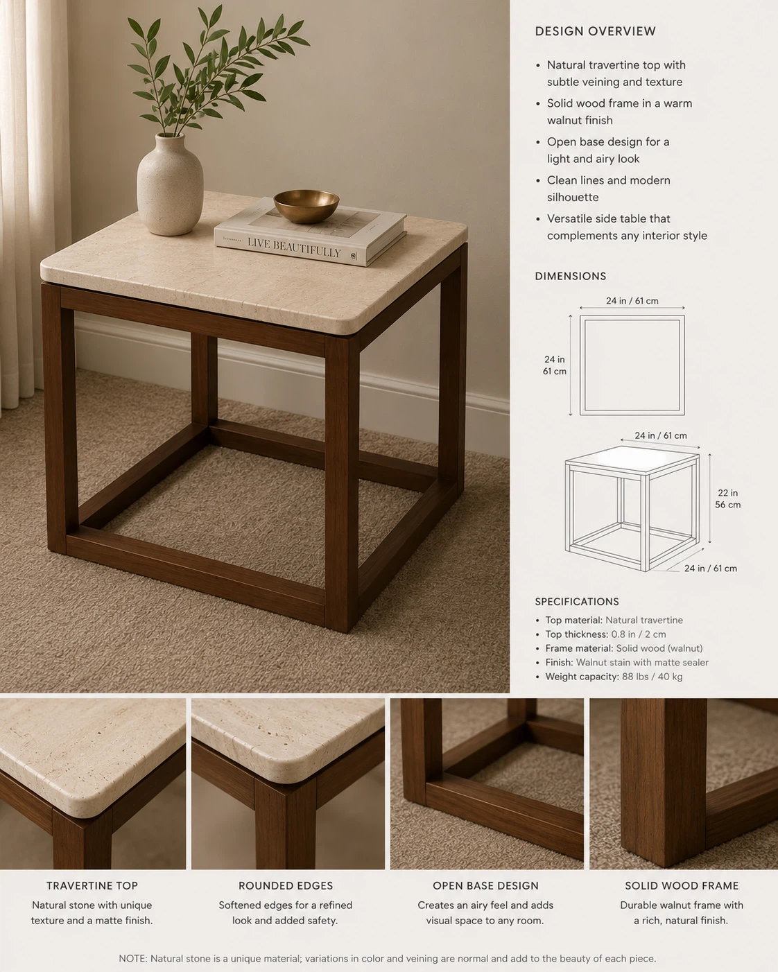 Natural Travertine Top Side Table