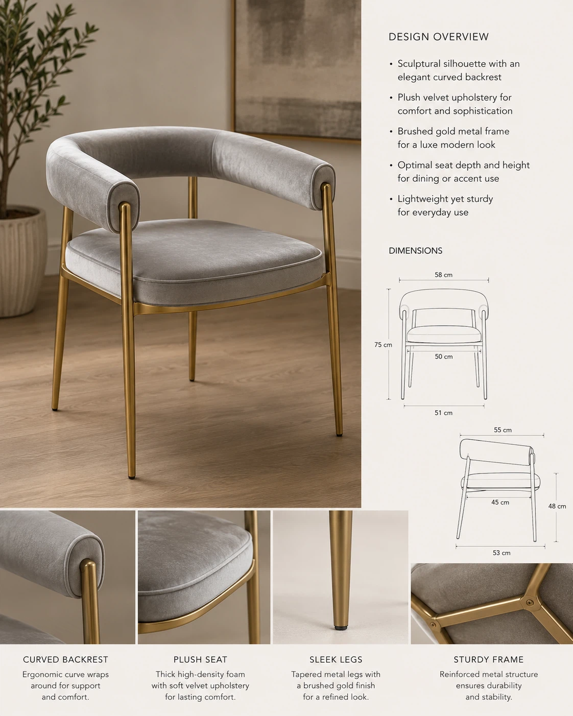 Grey Velvet Accent Chair with Gold Metal Legs