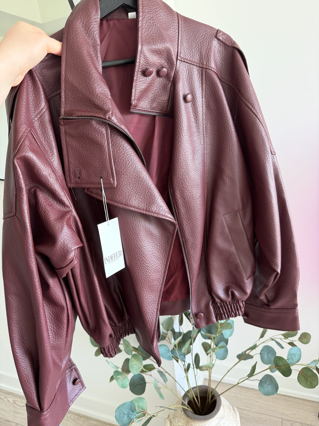 Indefeir Studios Burgundy Faux Leather Biker Jacket