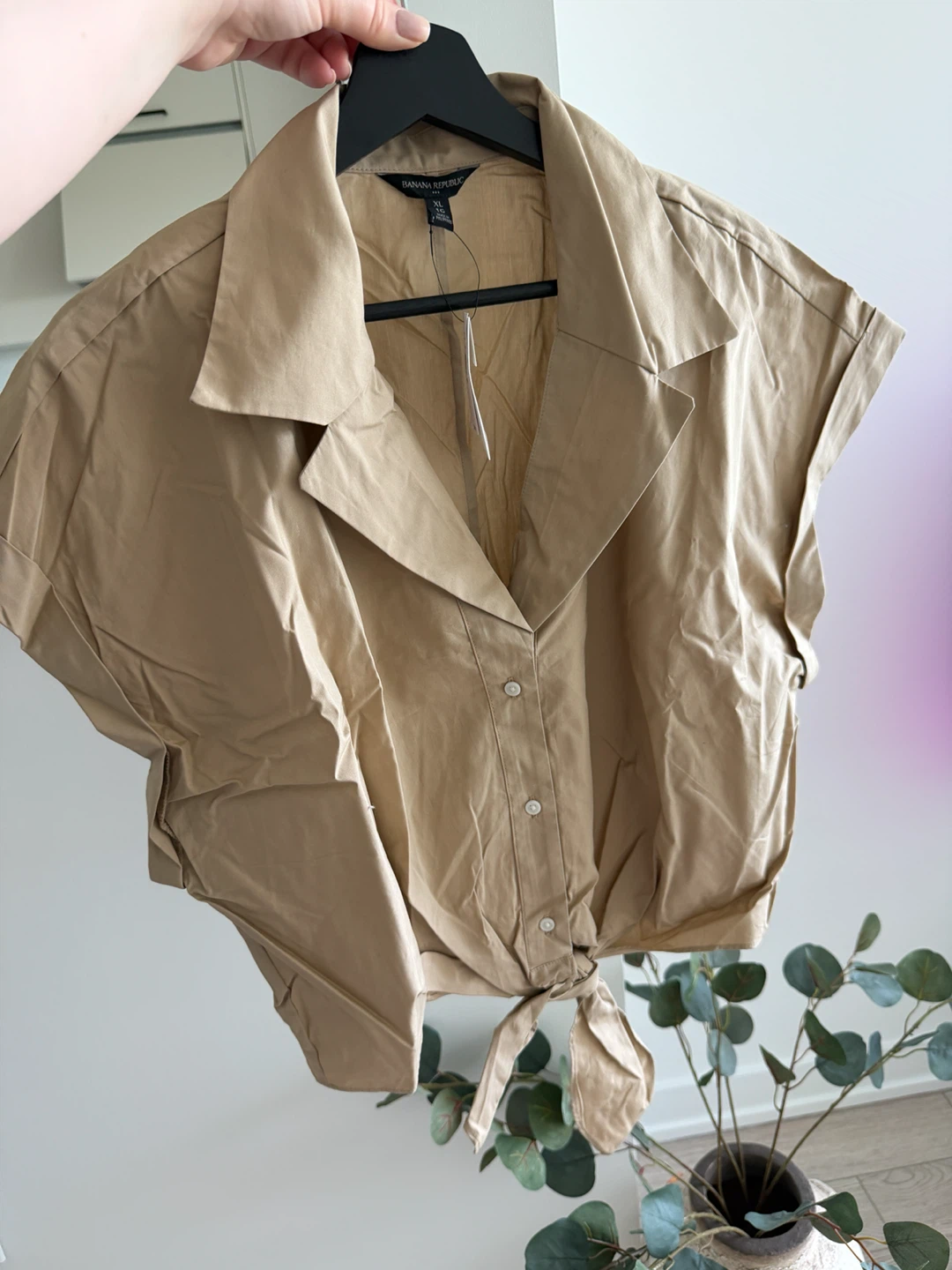 Banana Republic Tan Button-Up Tie-Front Shirt