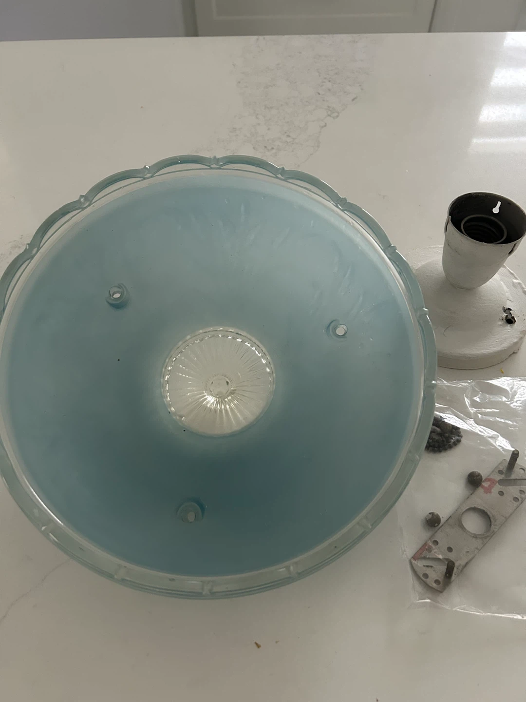 Vintage Frosted Glass Ceiling Light Fixture with Blue Shade - photo 2