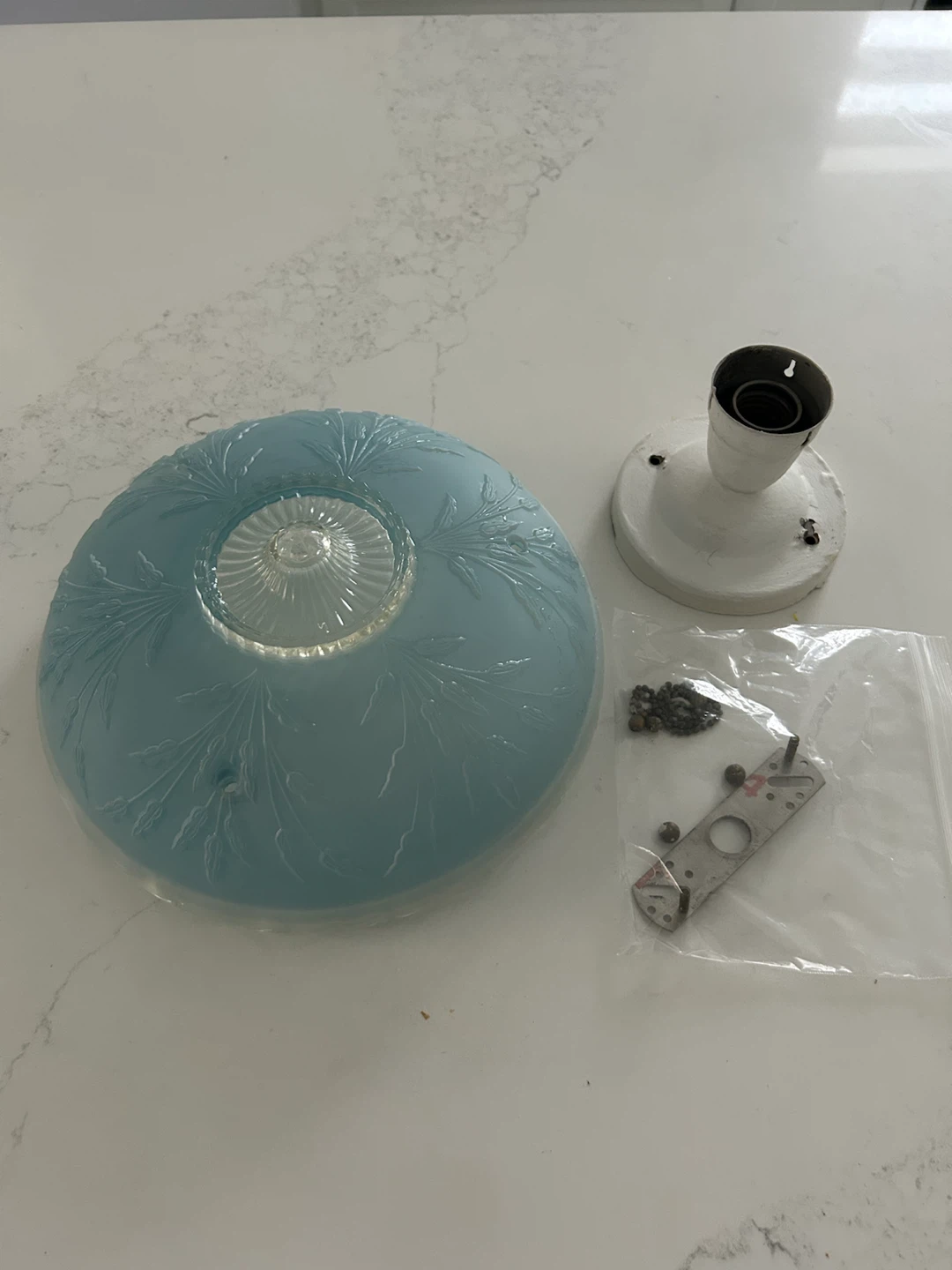 Vintage Frosted Glass Ceiling Light Fixture with Blue Shade - photo 5