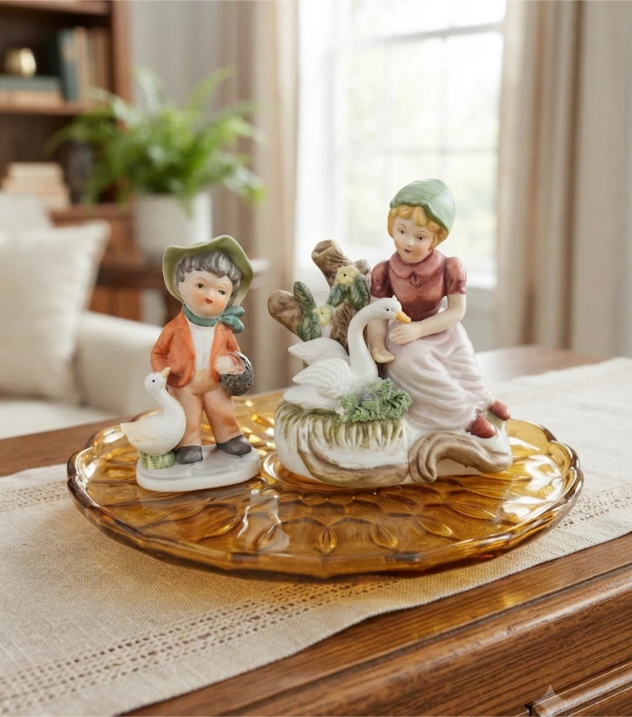 Vintage Porcelain Figurine Set - Boy, Girl, and Swans