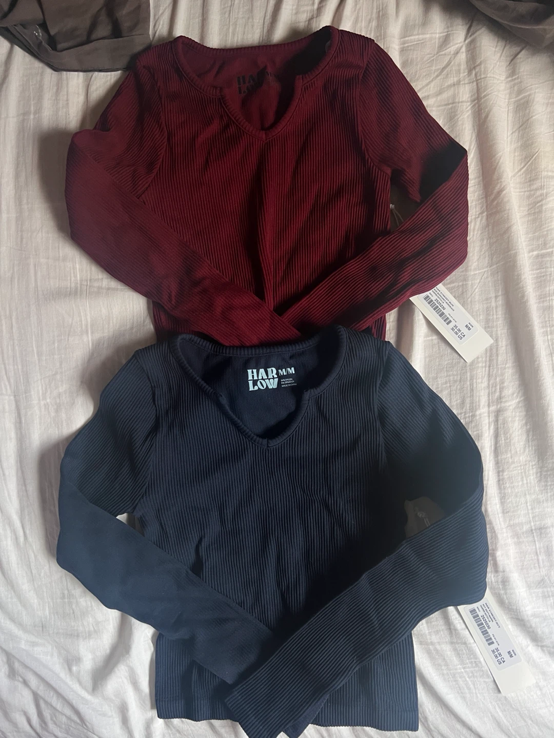 Harper Notch Long Sleeve Tops - Burgundy & Navy