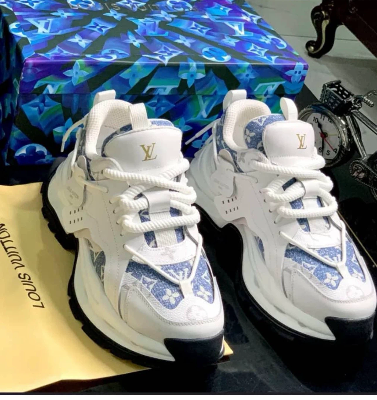 Louis Vuitton White & Blue Monogram Sneakers