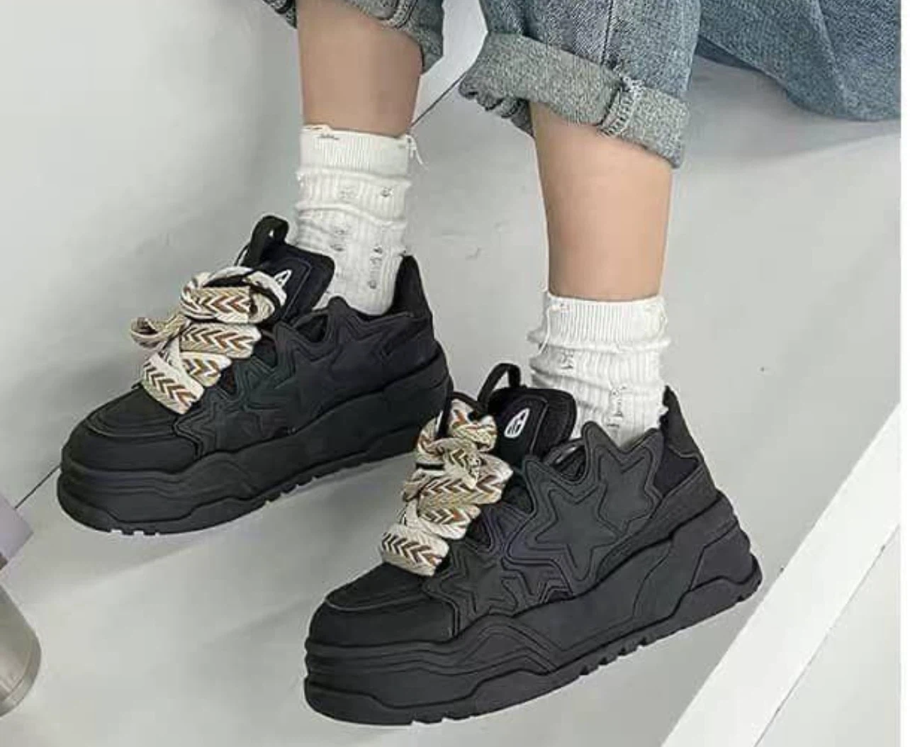 Black Platform Sneakers with Star Design