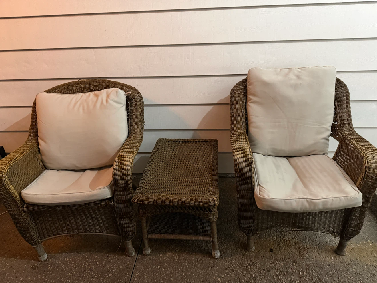 Wicker patio chairs and side table