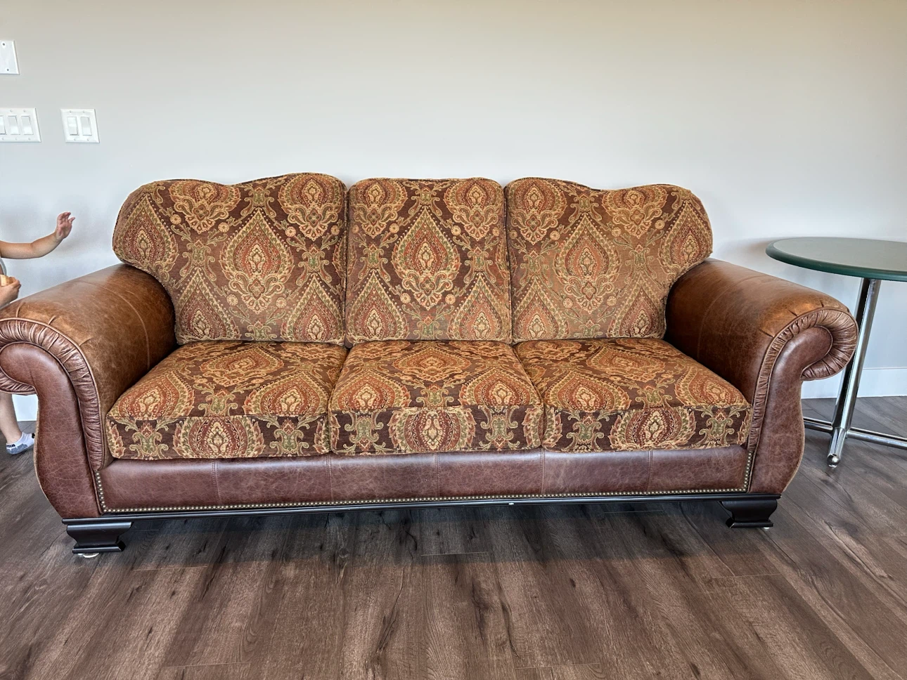 Brown Paisley and Leather Sofa