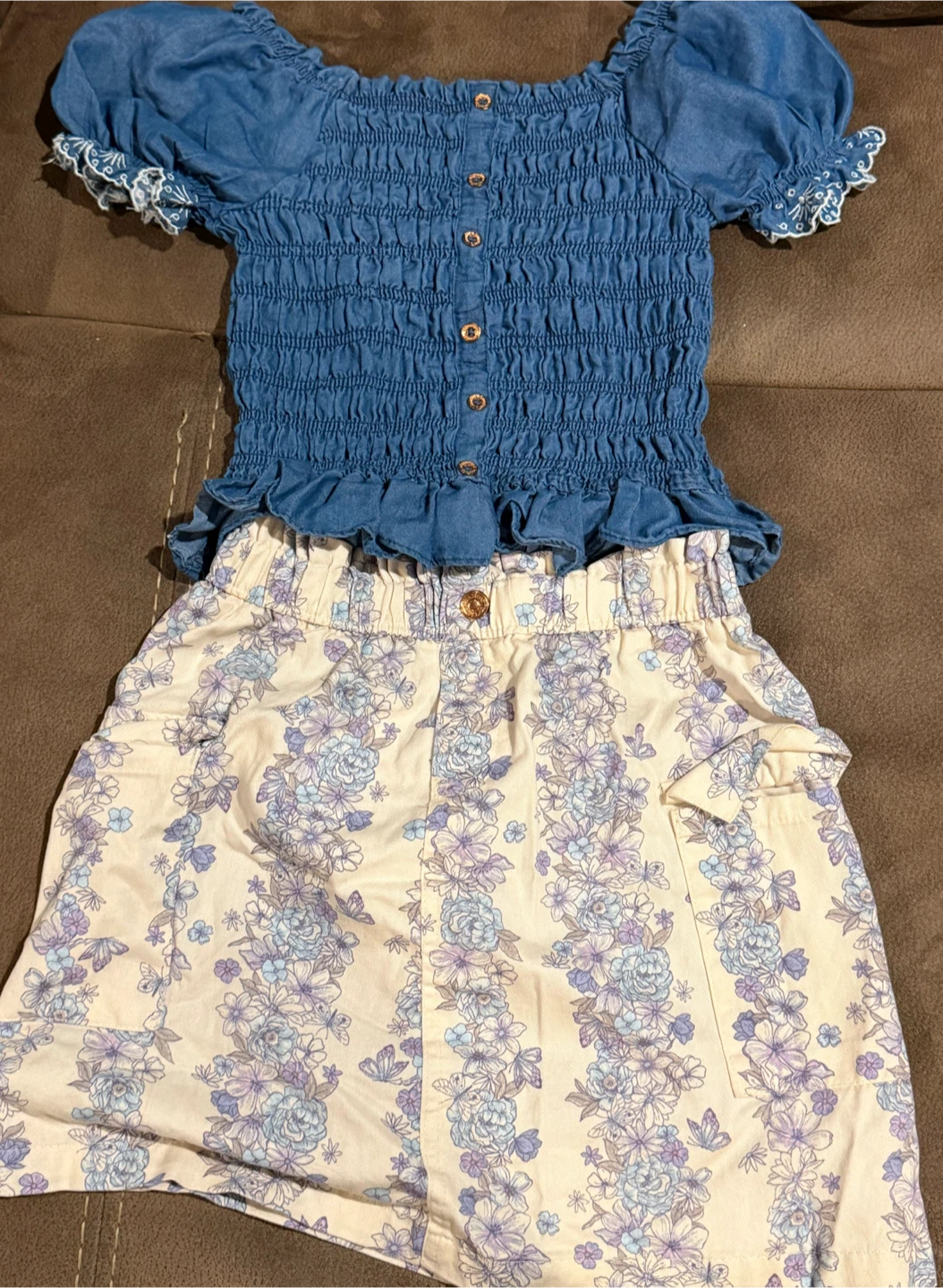 Lemon Kiss Denim Smocked Top & Floral Skirt Set Girls Size 12