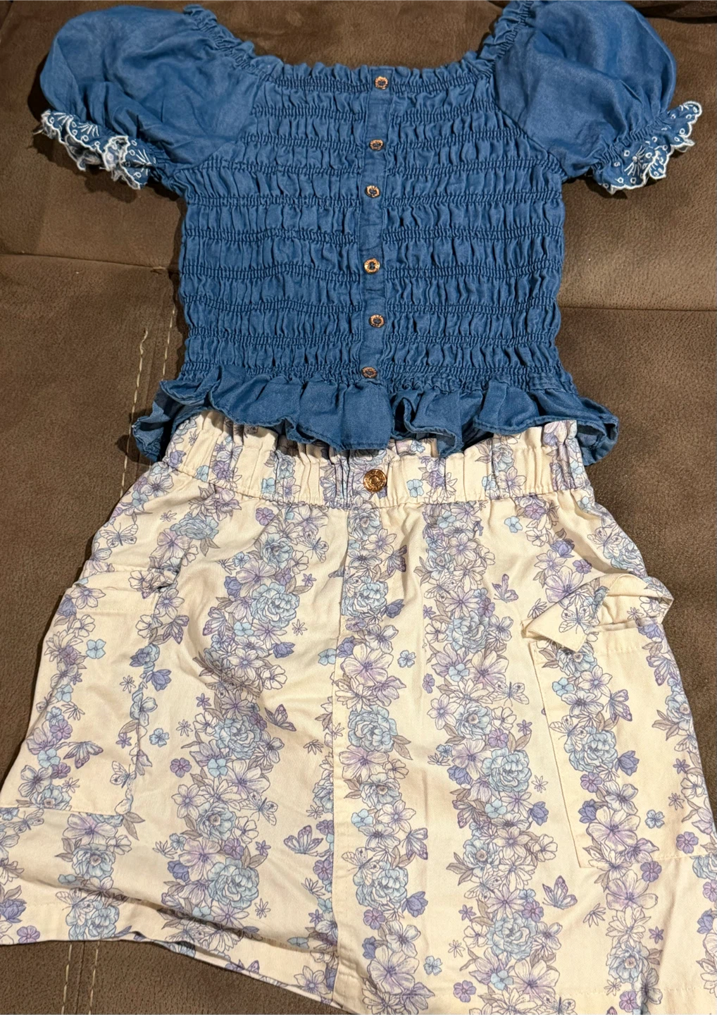 Lemon Kiss Denim Smocked Top & Floral Skirt Set Girls Size 12 - photo 2