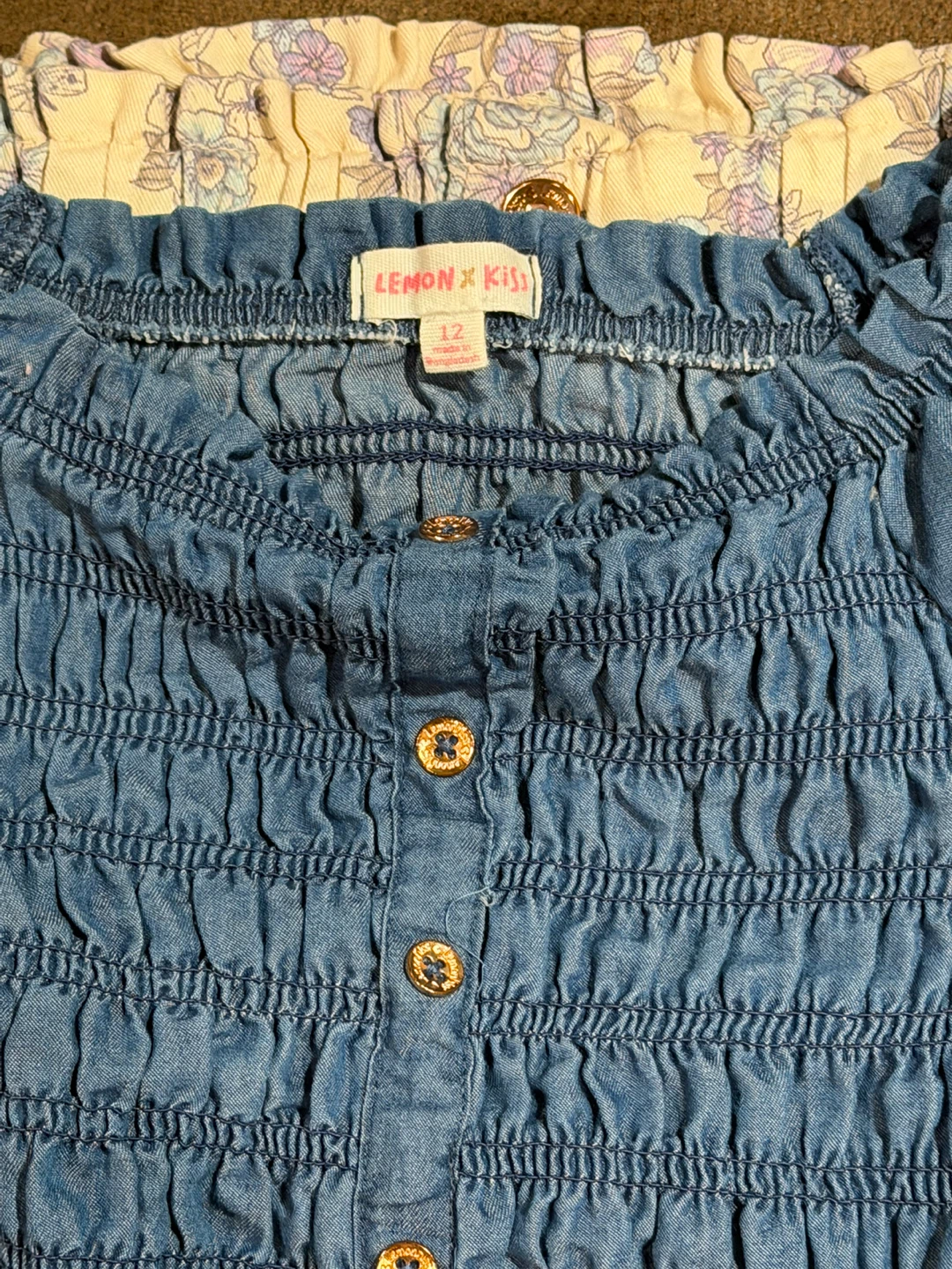 Lemon Kiss Denim Smocked Top & Floral Skirt Set Girls Size 12 - photo 4
