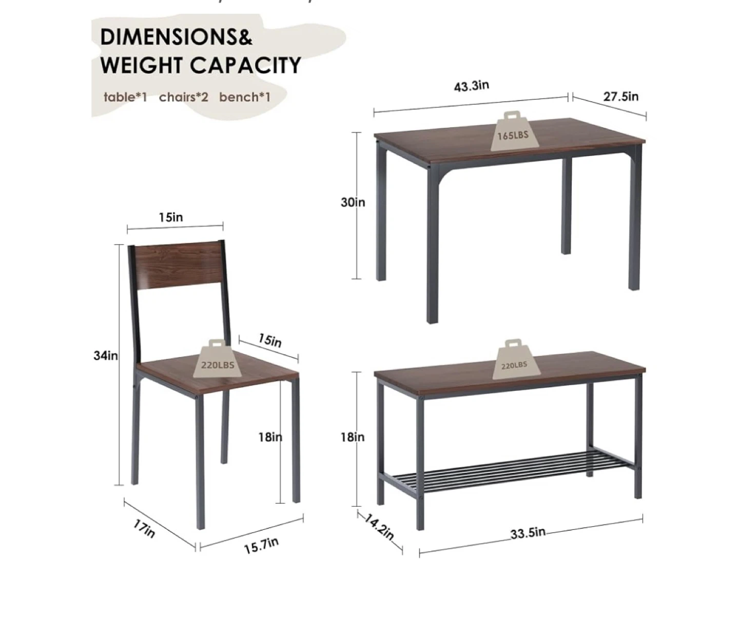 Dining Table Set with 2 Chairs and 1 Bench - Brown - photo 4