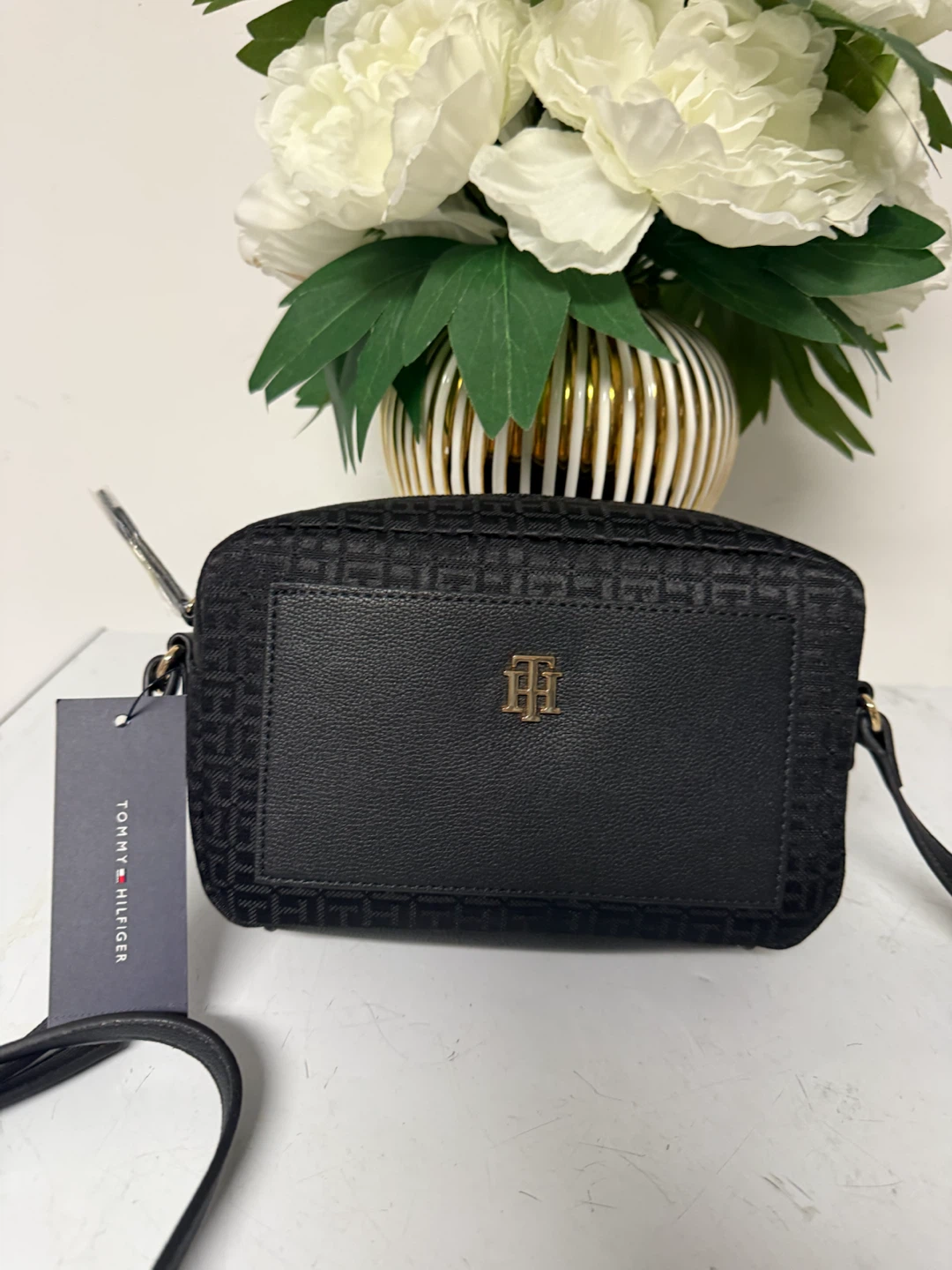 Tommy Hilfiger Black Monogram Crossbody Camera Bag