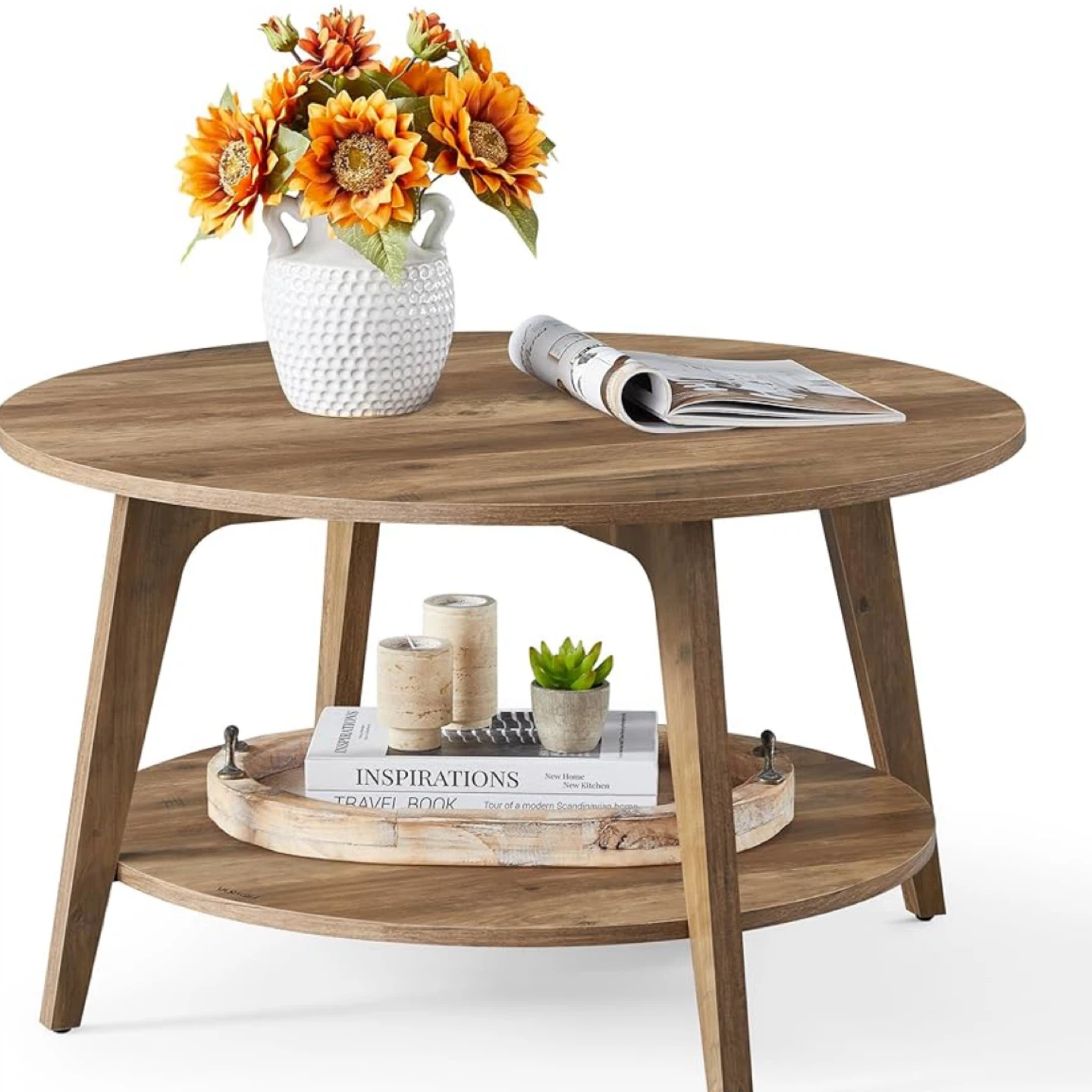 VASAGLE Round Coffee Table - Honey Brown
