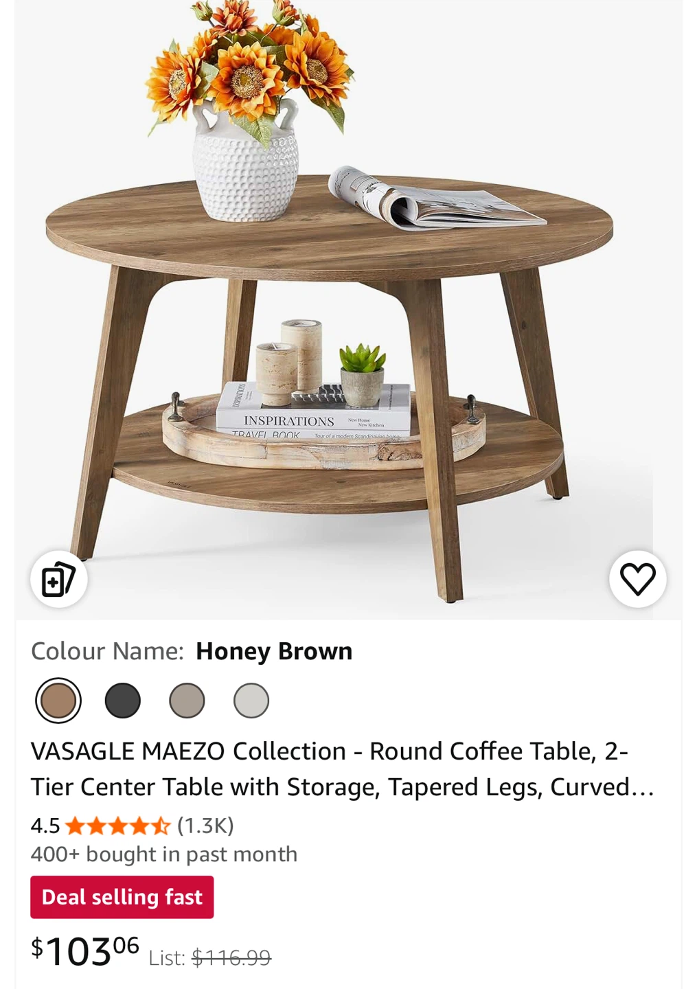 VASAGLE Round Coffee Table - Honey Brown - photo 3