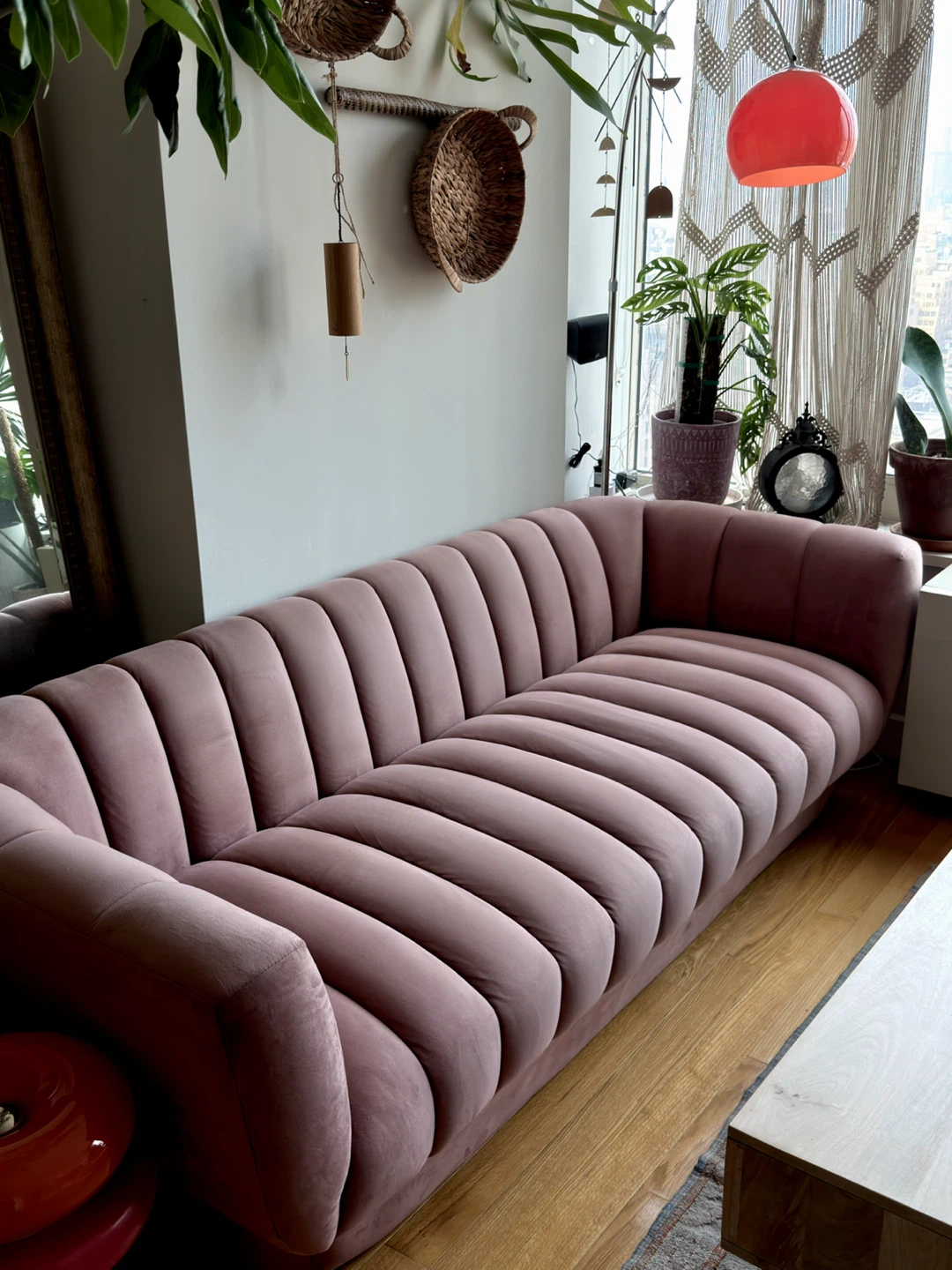 Pink Velvet Channel Tufted Sofa - photo 2