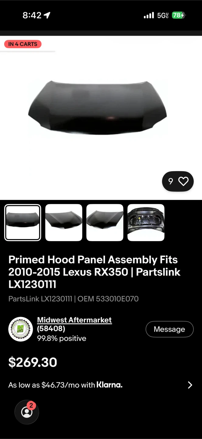 Primed Hood Panel Assembly for Lexus RX350 2010-2015 - photo 4