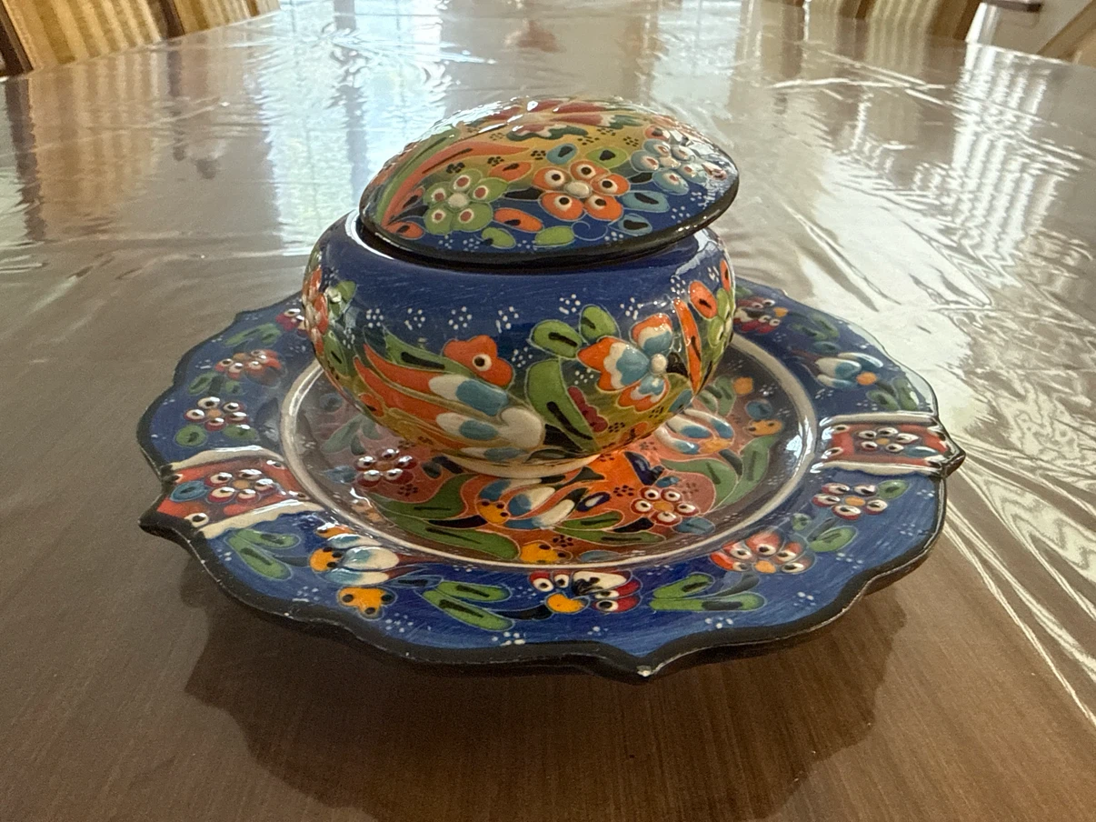 Hand-Painted Ceramic Pot with Lid and Saucer