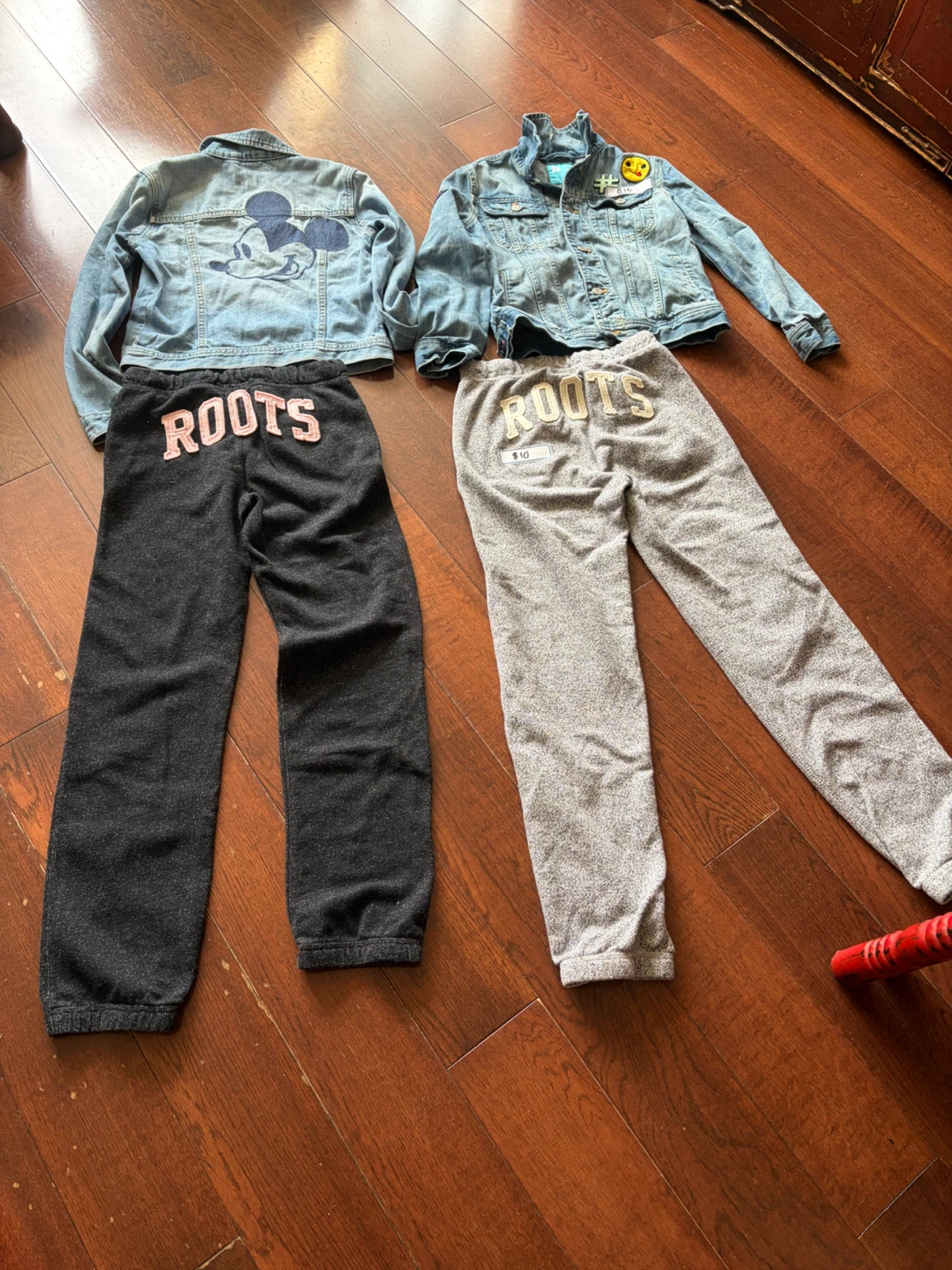 Kids Roots joggers and Gap jeans jackets