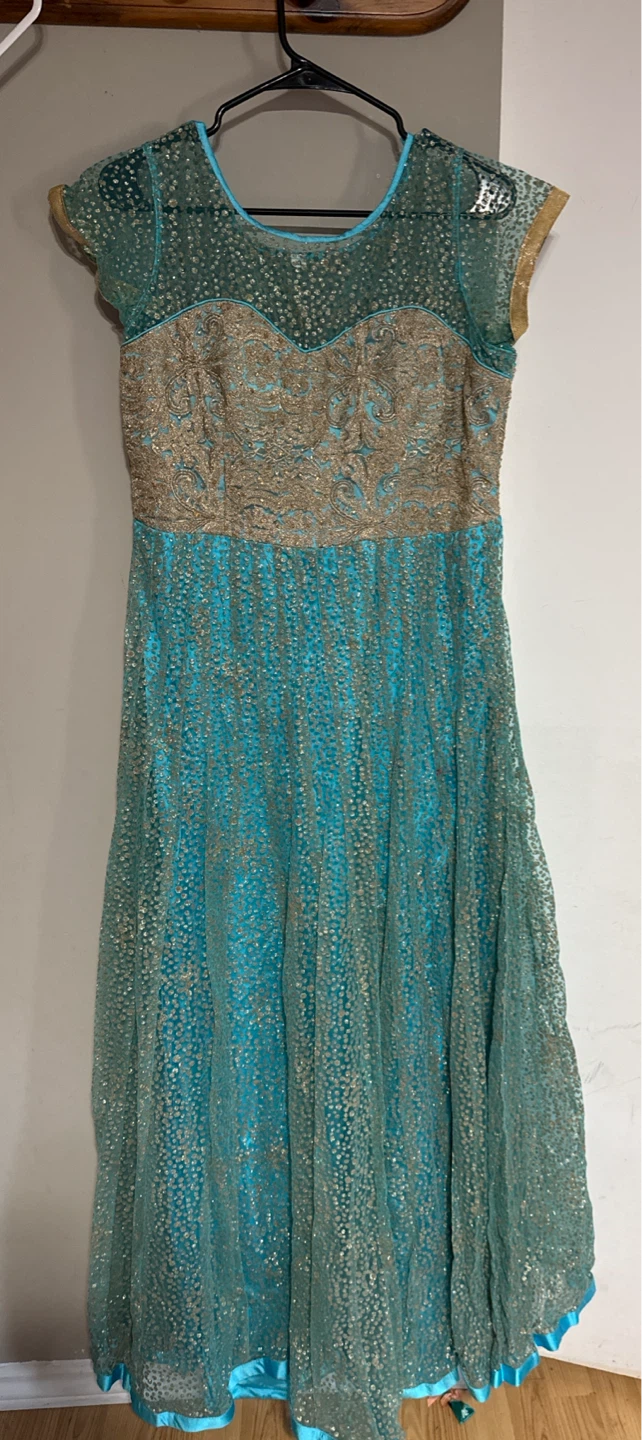 Turquoise and Gold Embellished Maxi Dress