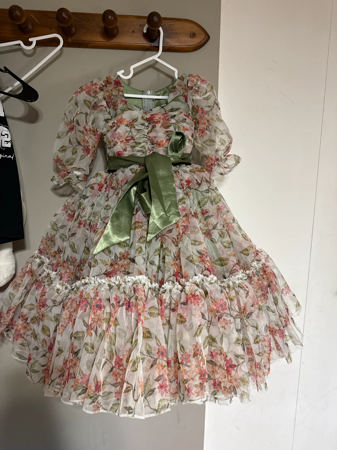 Floral Puff Sleeve Dress with Green Sash