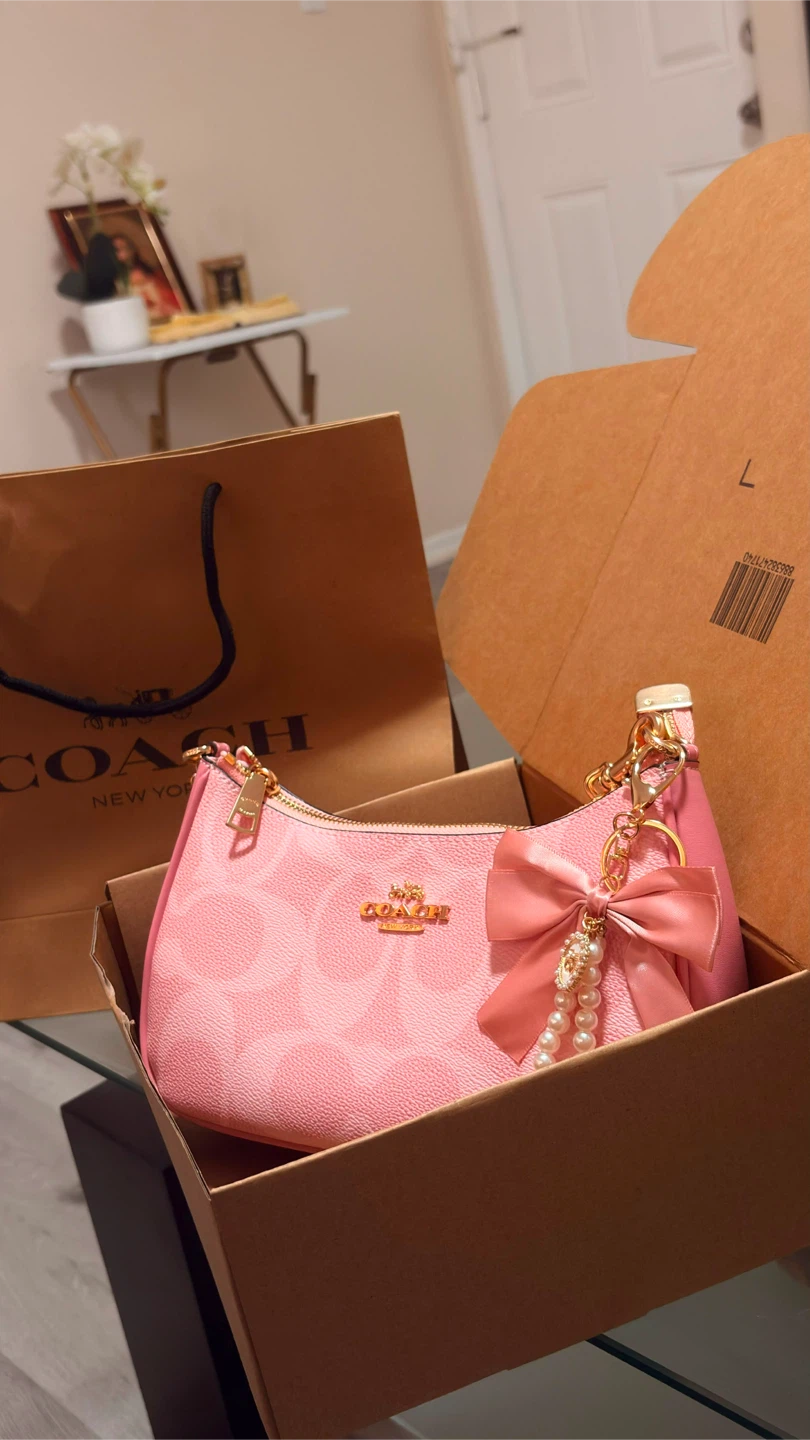Coach Pink Monogram Shoulder Bag with Bow Charm