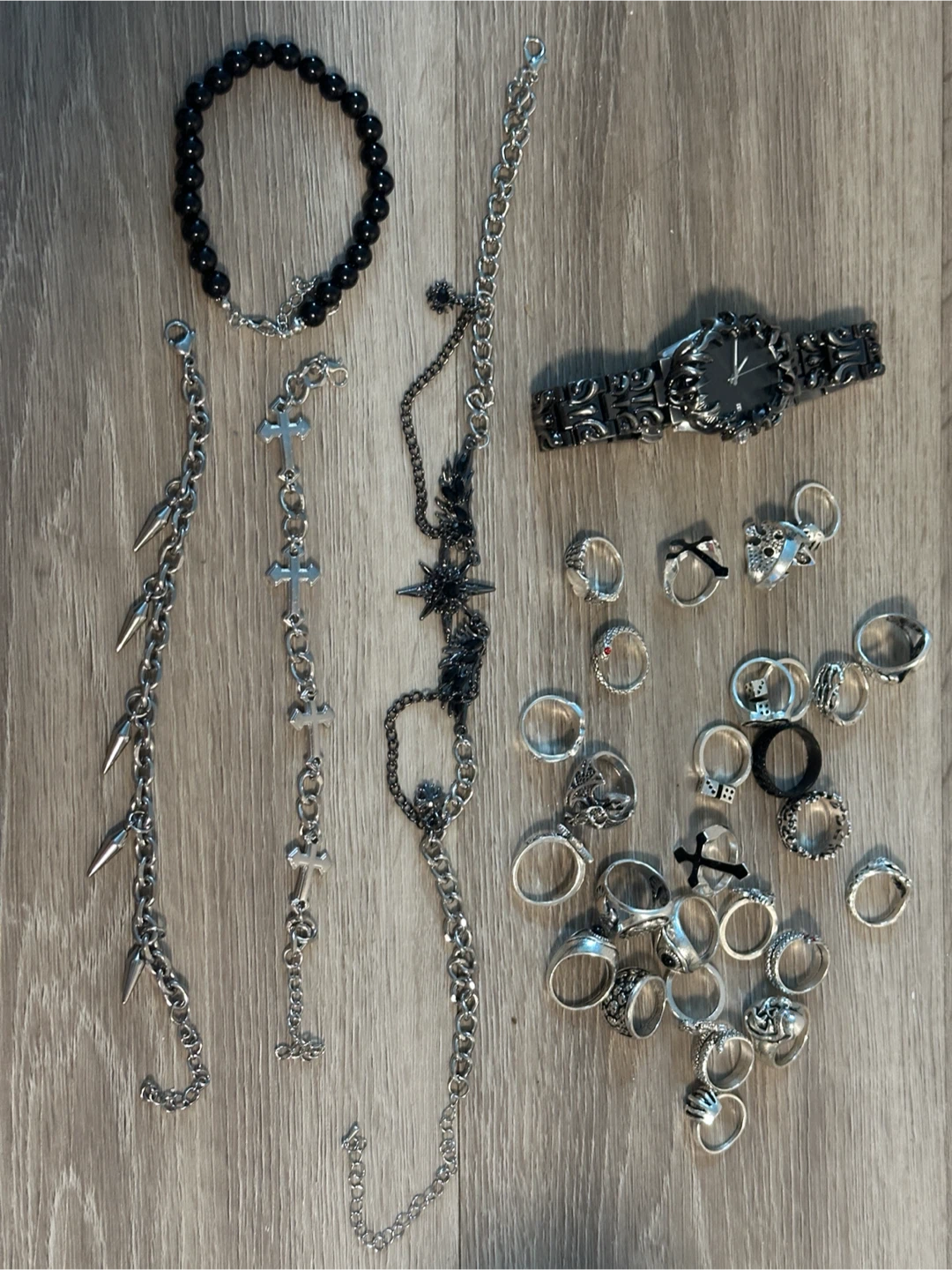 Goth Jewellery Set: Watch, Bracelets & Rings