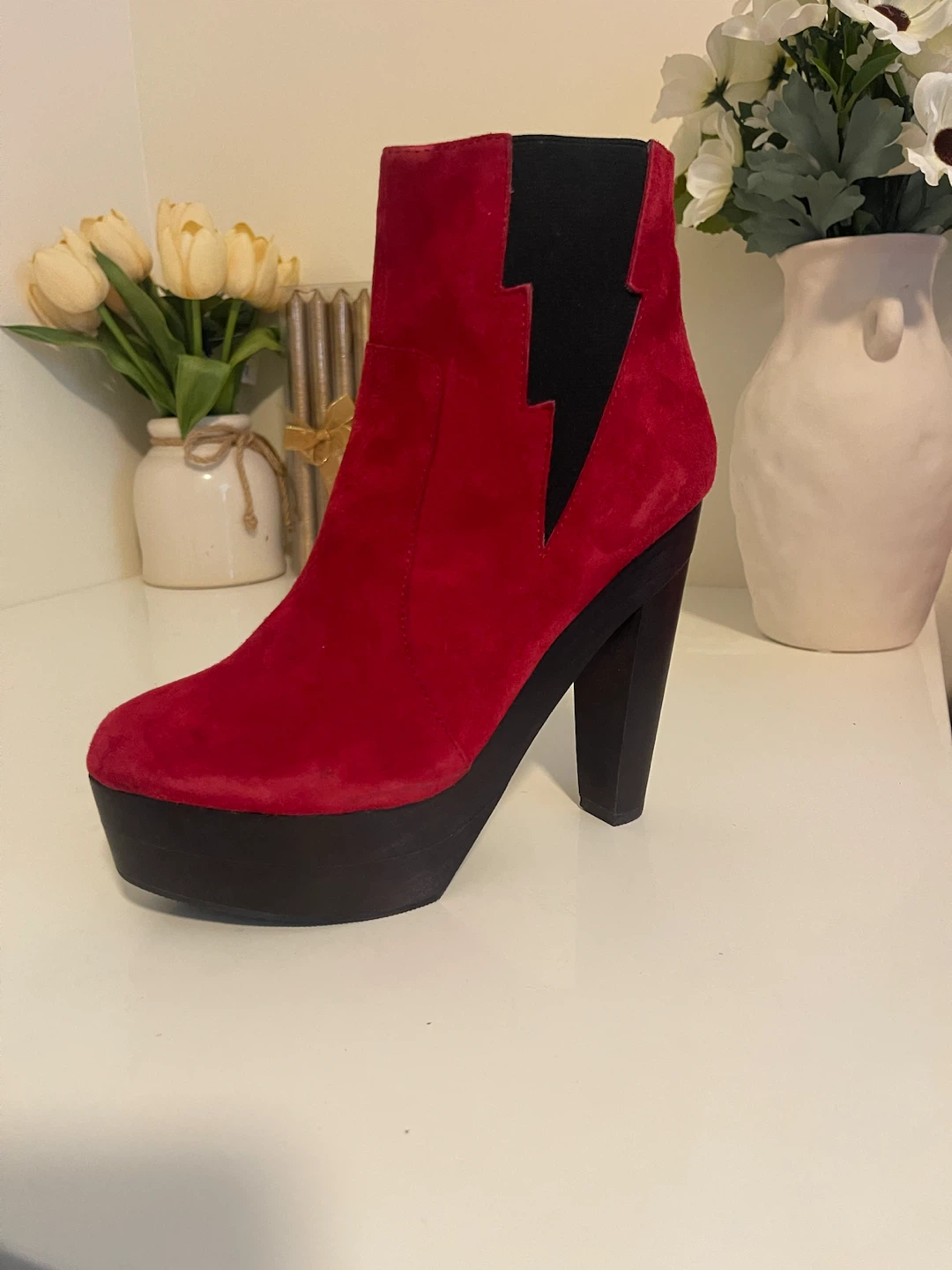 Red Suede Platform Ankle Boots