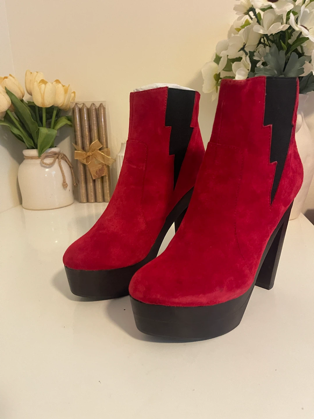 Red Suede Platform Ankle Boots - photo 2