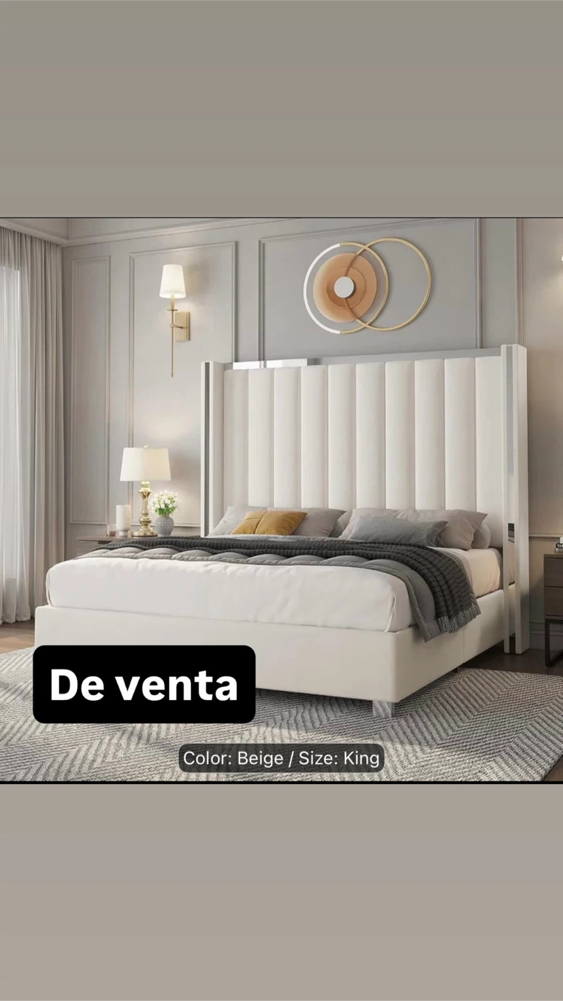 King Size Beige Upholstered Platform Bed Frame