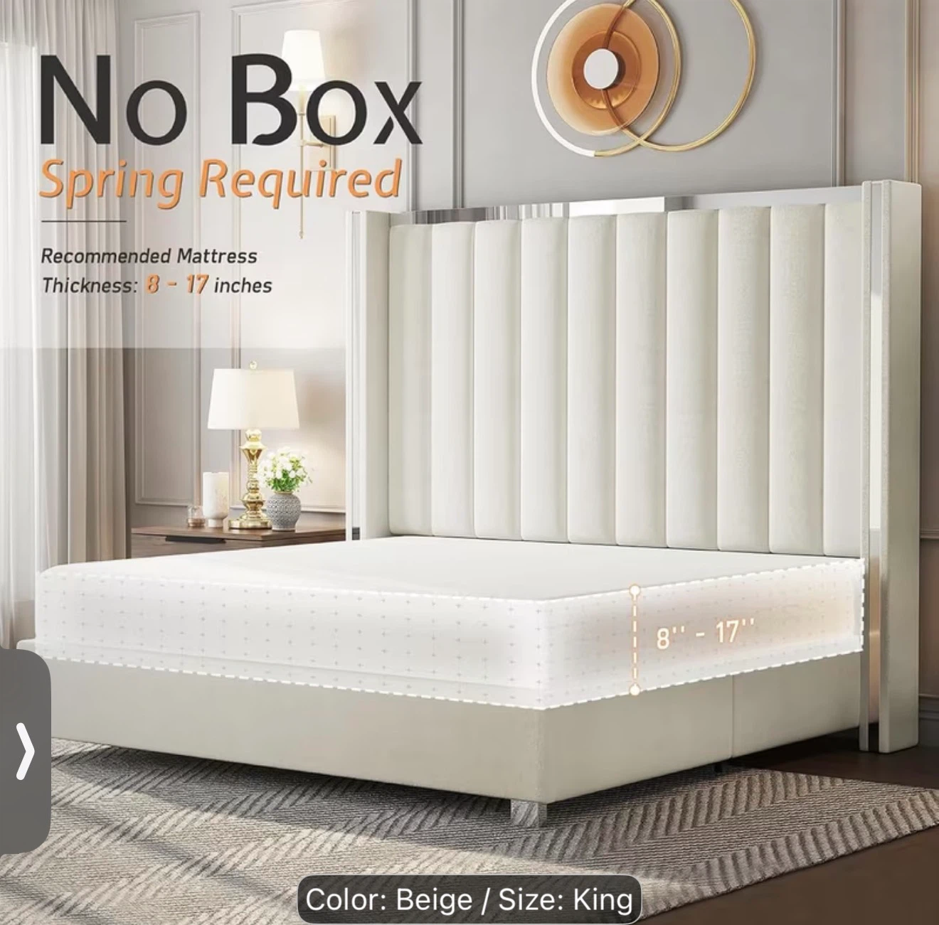 King Size Beige Upholstered Platform Bed Frame - photo 2