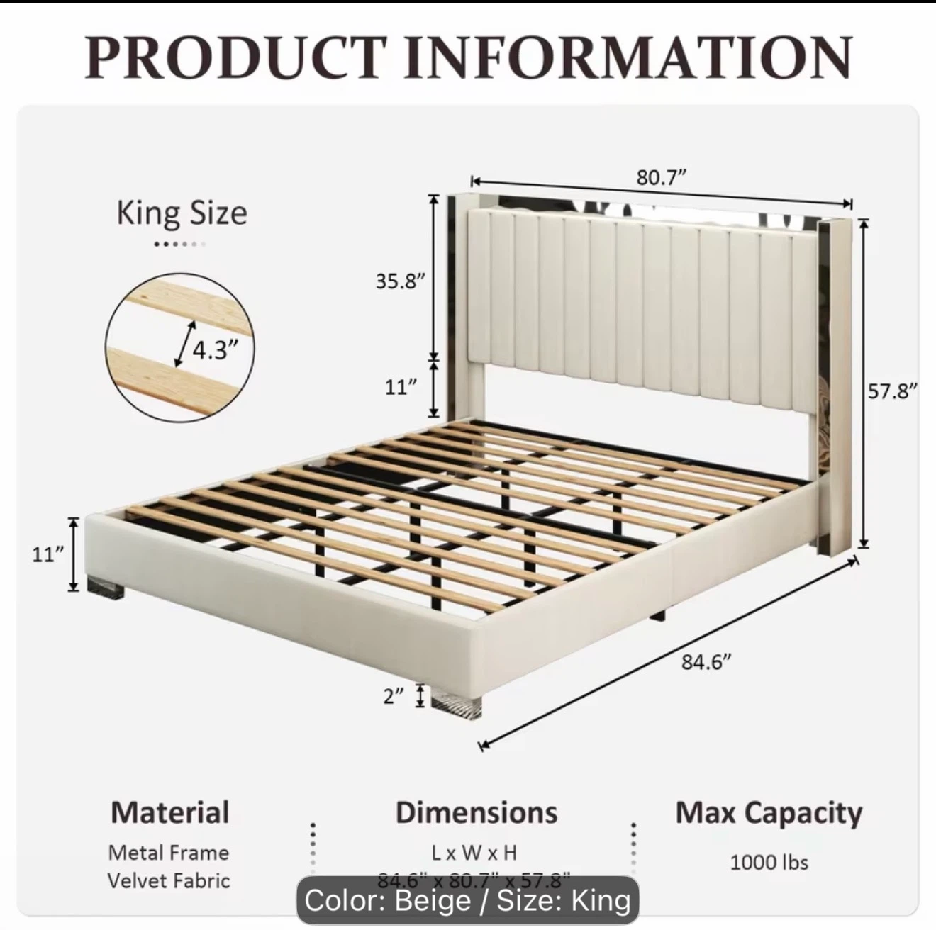 King Size Beige Upholstered Platform Bed Frame - photo 3