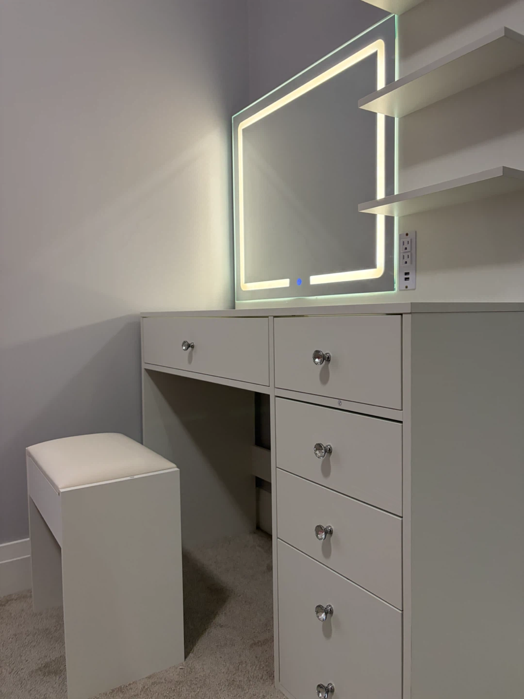 New White Vanity Desk with Light-Up Mirror and Stool