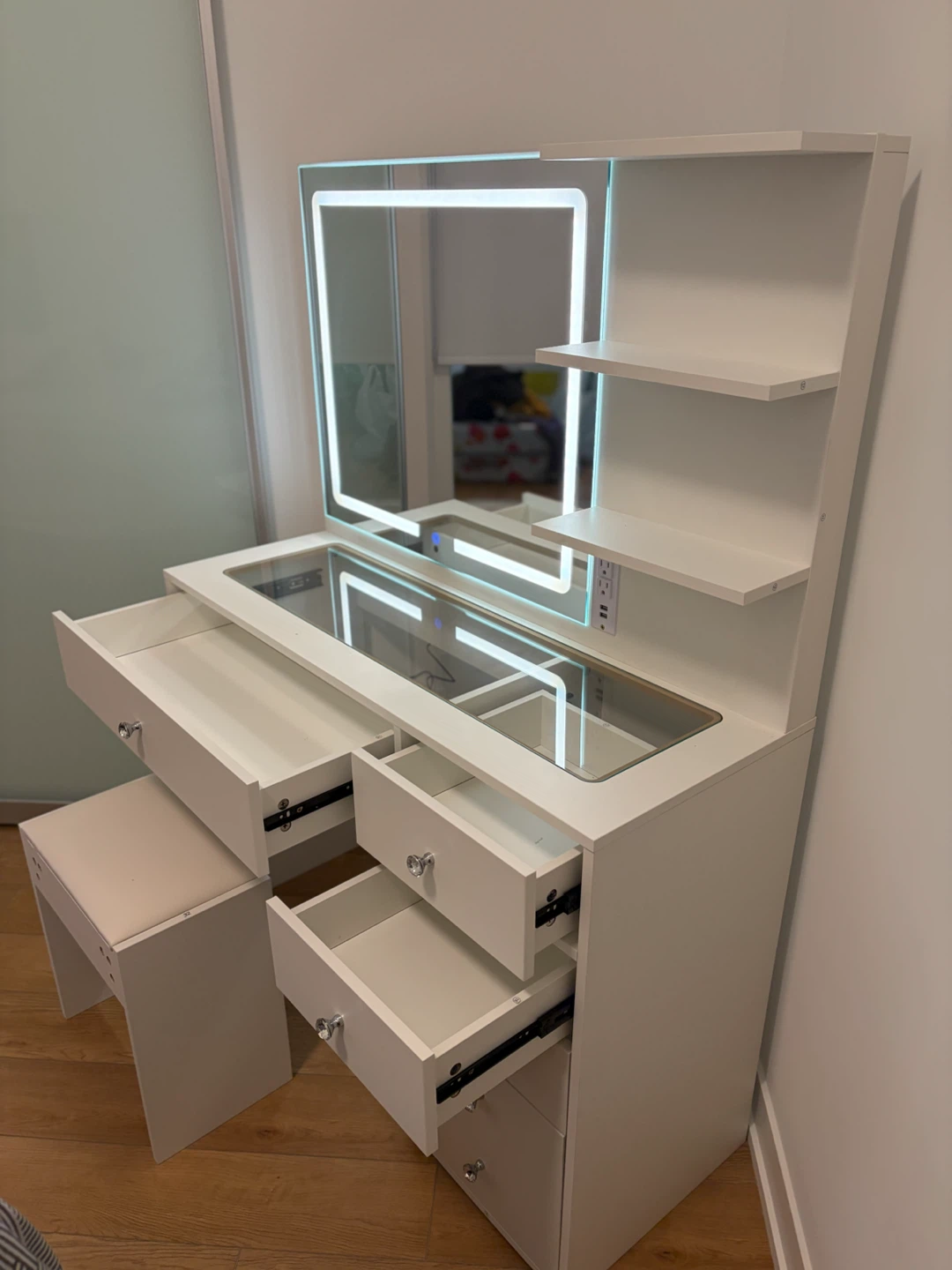 New White Vanity Desk with Light-Up Mirror and Stool - photo 2