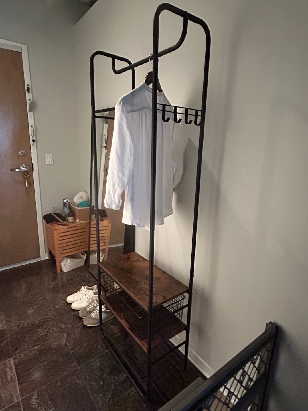 Industrial Style Garment Rack with Shelves and Baskets - photo 2