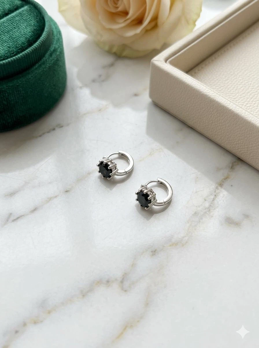 Silver Huggie Hoop Earrings with Black Stone