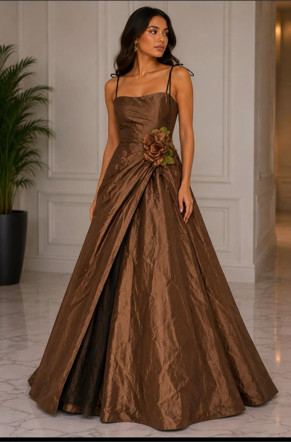 Brown Ball Gown with Floral Accent
